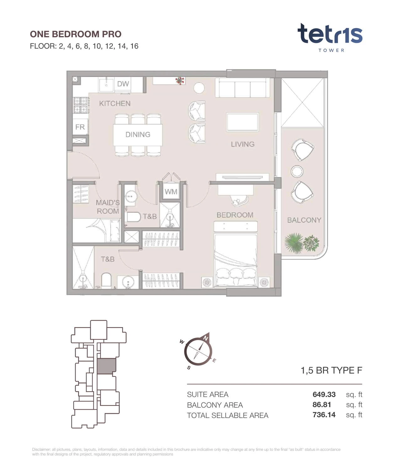 TETR1S Tower 1-bedroom Type F Pro apartment floor plan for Floors 2, 4, 6, 8, 10, 12, 14 and 16, 736.14 sq ft.