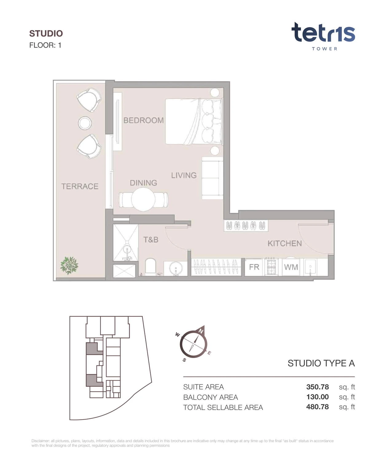 TETR1S Tower Studio Type A apartment floor plan for Floor 1, 480.78 sq ft.