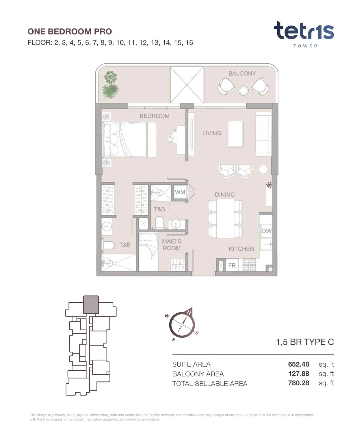 TETR1S Tower 1-bedroom Type C Pro apartment floor plan for Floors 2 to 16, 780.28 sq ft.