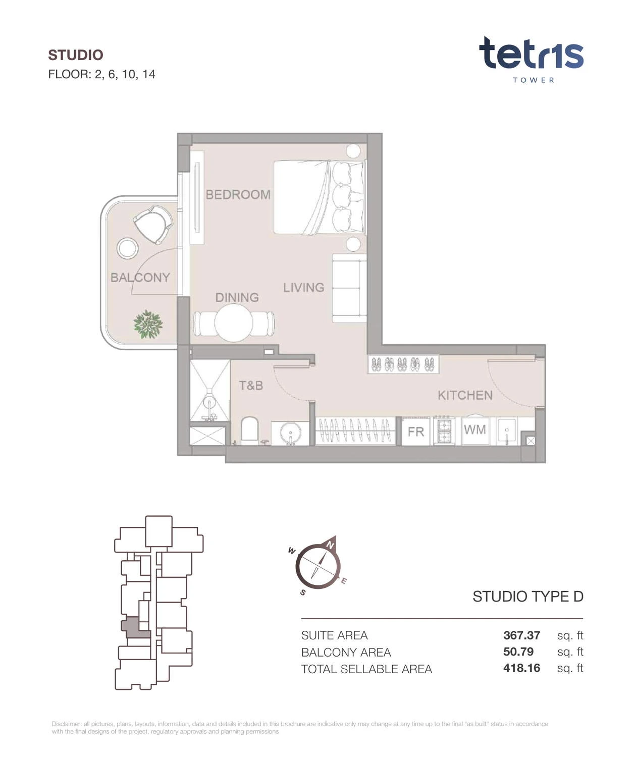 TETR1S Tower Studio Type D apartment floor plan for Floors 2, 6, 10 and 14, 418.16 sq ft.