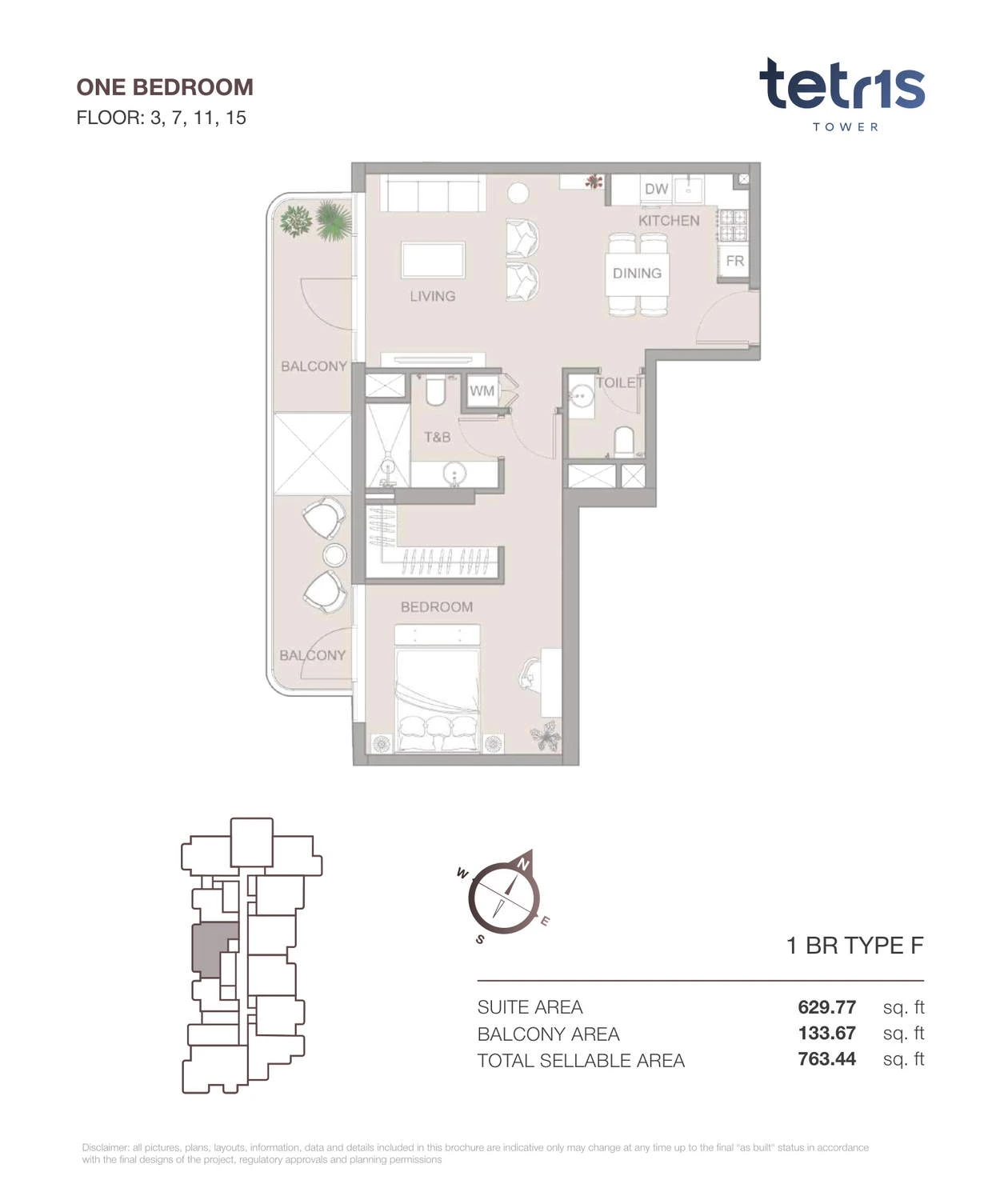 TETR1S Tower 1-bedroom Type F apartment floor plan for Floors 3, 7, 11 and 15, 763.44 sq ft.
