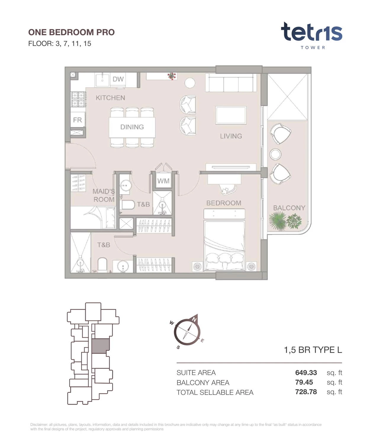 TETR1S Tower 1-bedroom Type L Pro apartment floor plan for Floors 3, 7, 11 and 15, 728.78 sq ft.