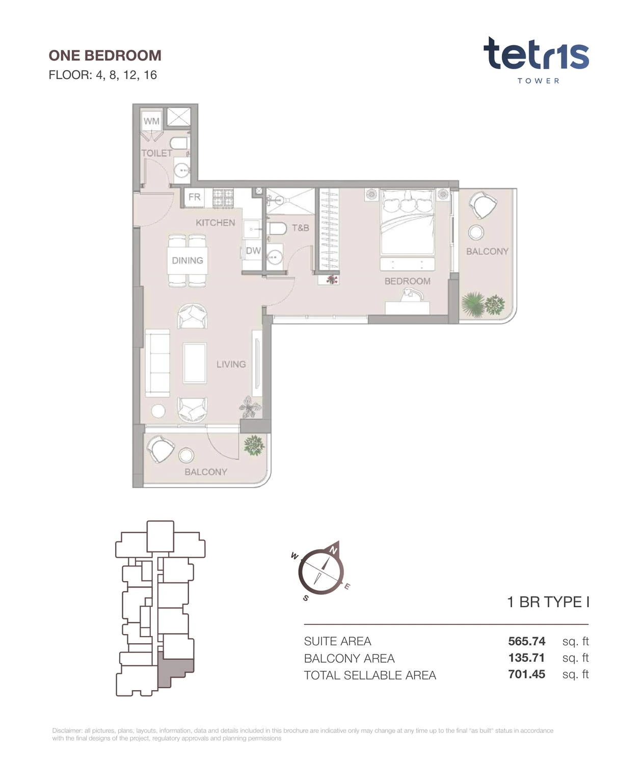 TETR1S Tower 1-bedroom Type I apartment floor plan for Floors 4, 8, 12 and 16, 701.45 sq ft.