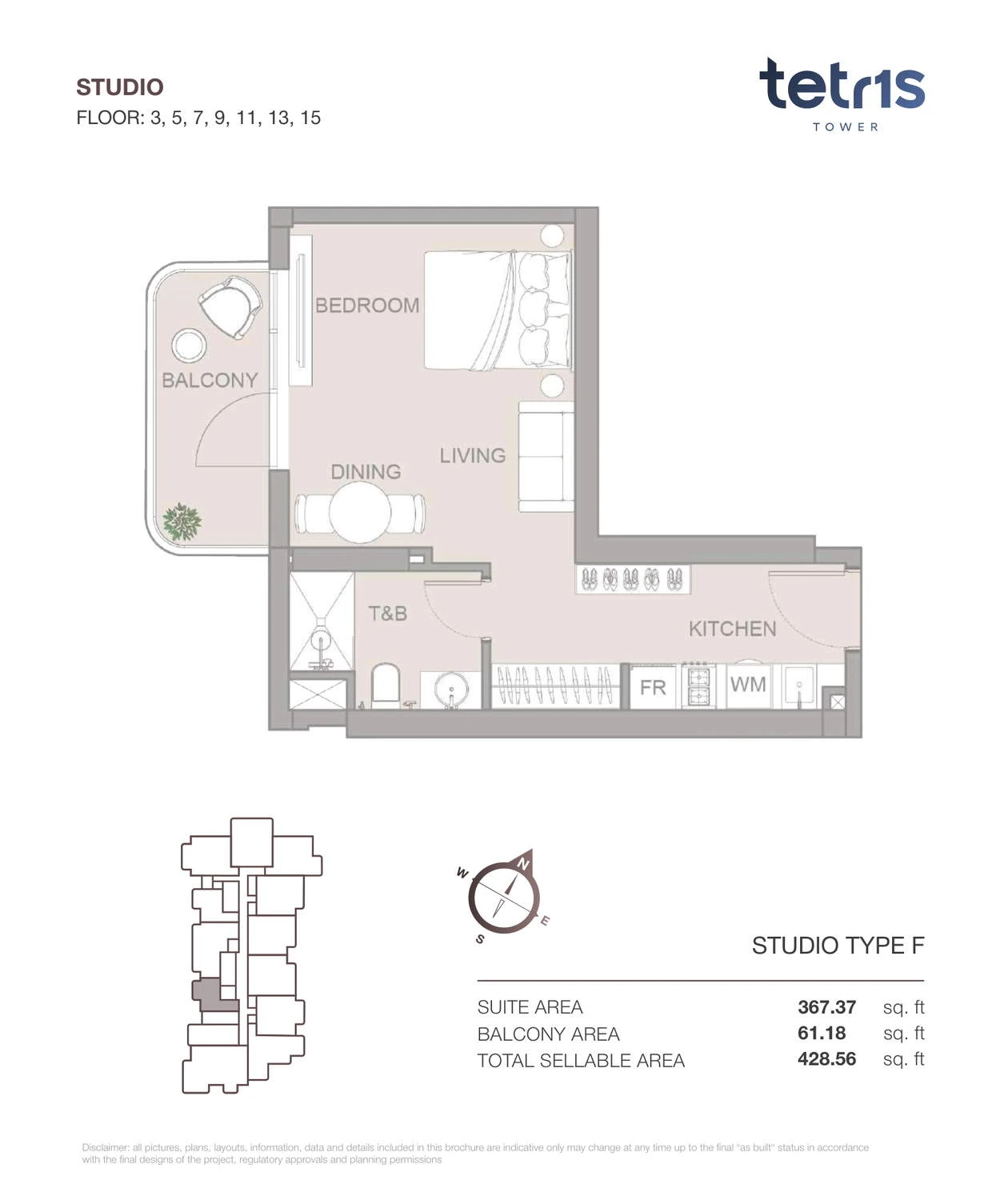 TETR1S Tower Studio Type F apartment floor plan for Floors 3, 5, 7, 9, 11, 13 and 15, 428.56 sq ft.