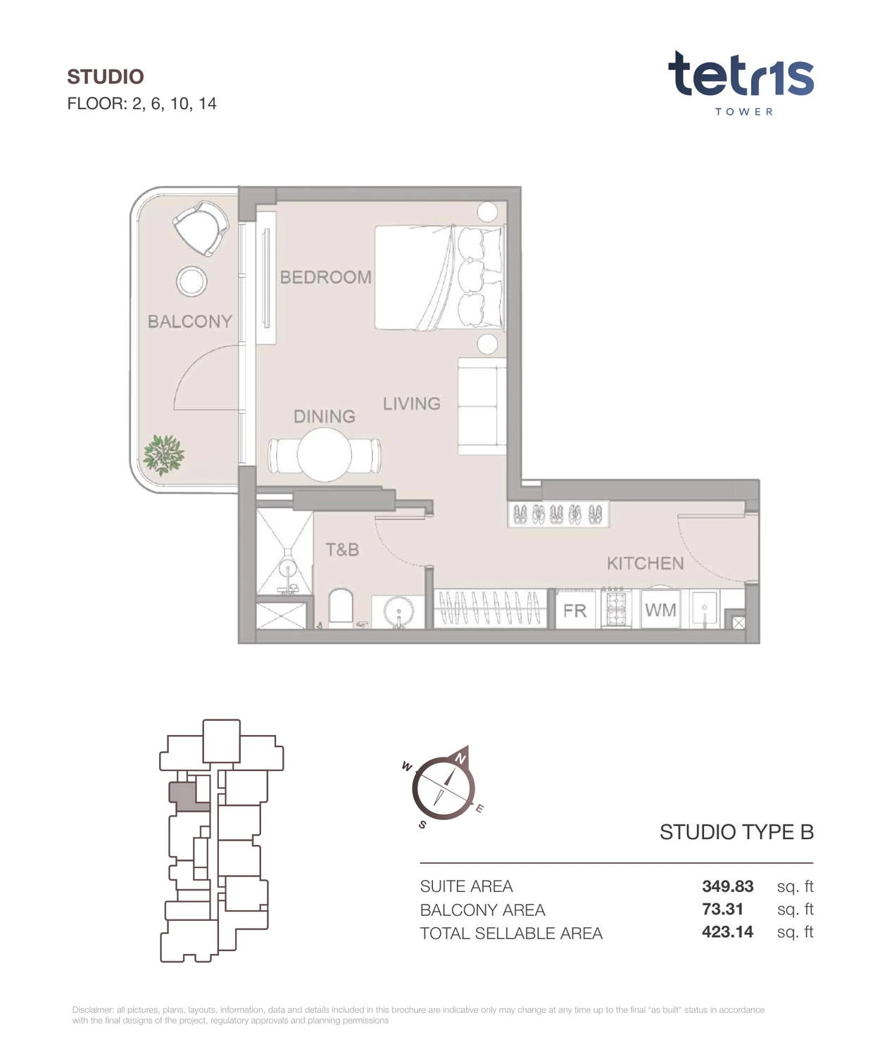 TETR1S Tower Studio Type B apartment floor plan for Floors 2, 6, 10 and 14, 423.14 sq ft.