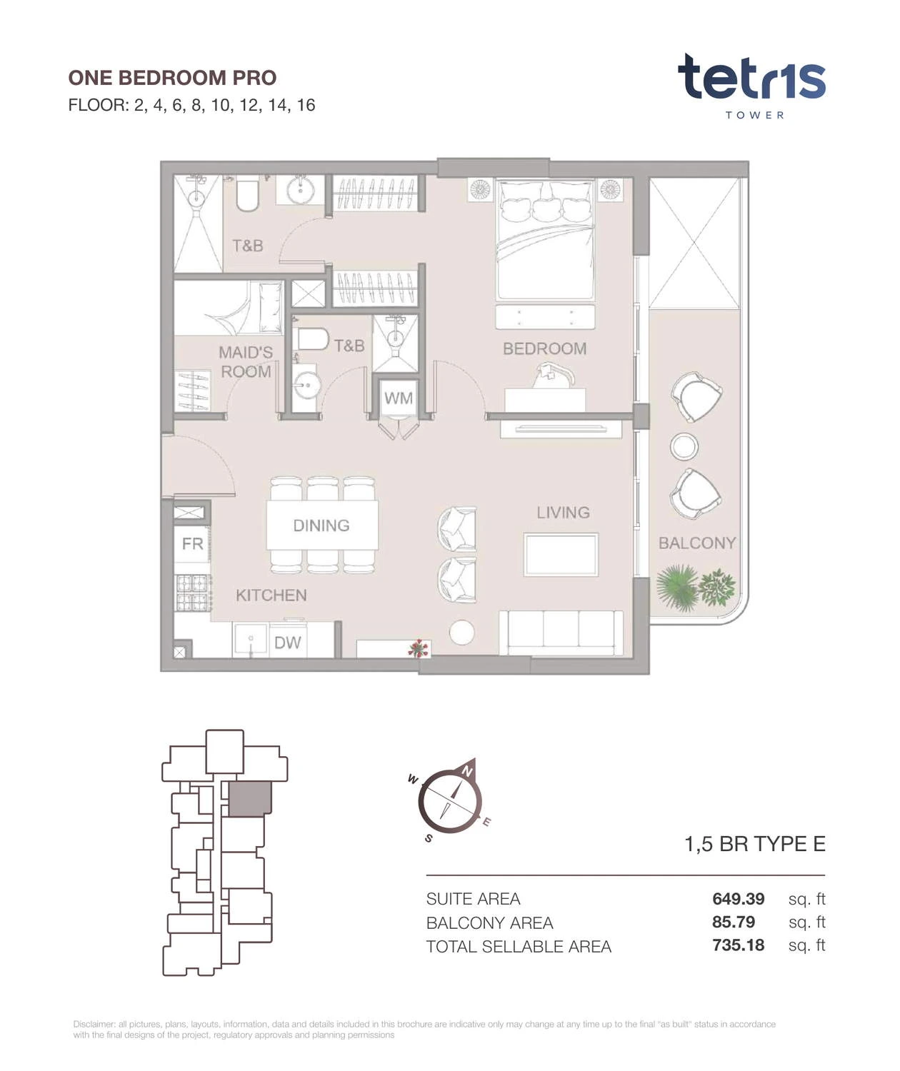 TETR1S Tower 1-bedroom Type E Pro apartment floor plan for Floors 2, 4, 6, 8, 10, 12, 14 and 16, 735.18 sq ft.