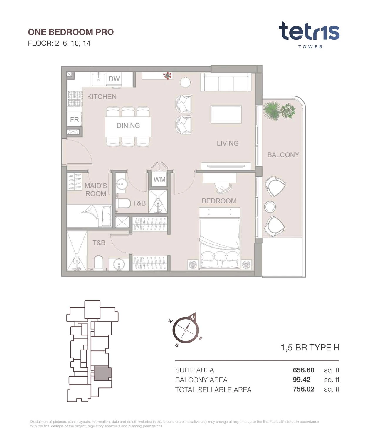 TETR1S Tower 1-bedroom Type H Pro apartment floor plan for Floors 2, 6, 10 and 14, 756.02 sq ft.