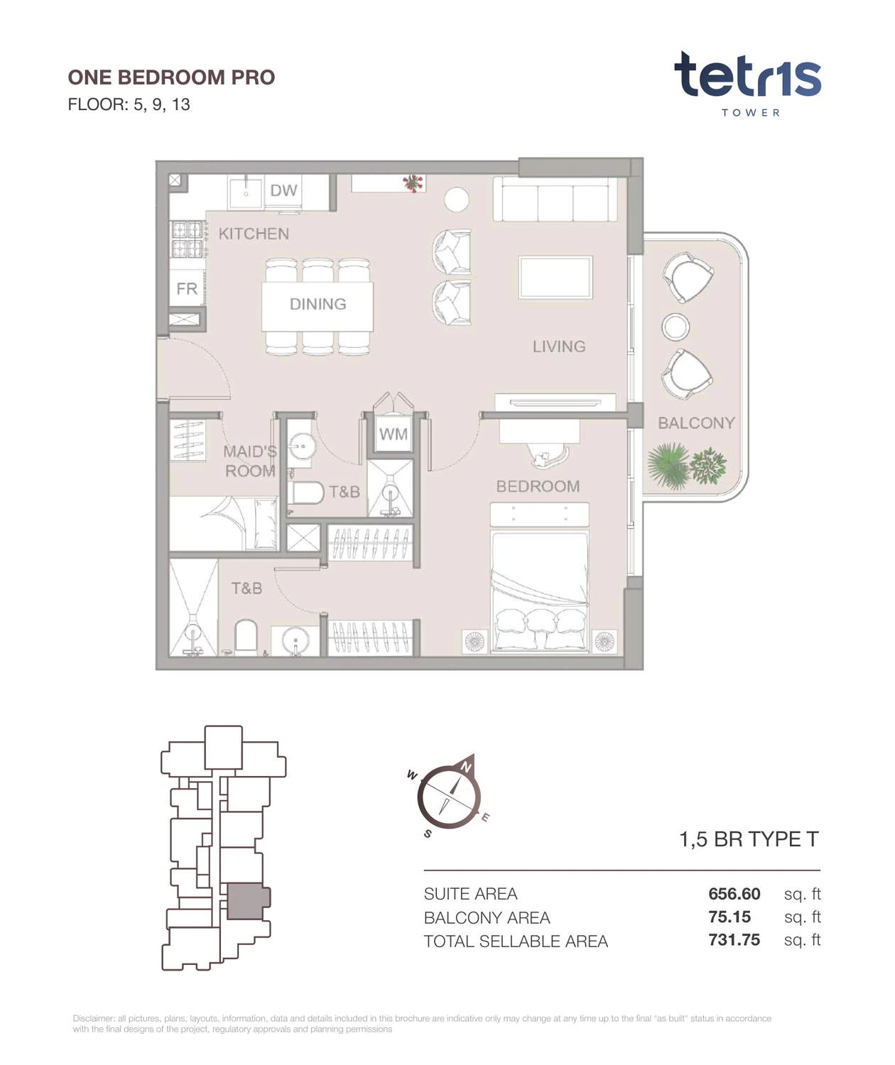 TETR1S Tower 1-bedroom Type T Pro apartment floor plan for Floors 5, 9 and 13, 731.75 sq ft.