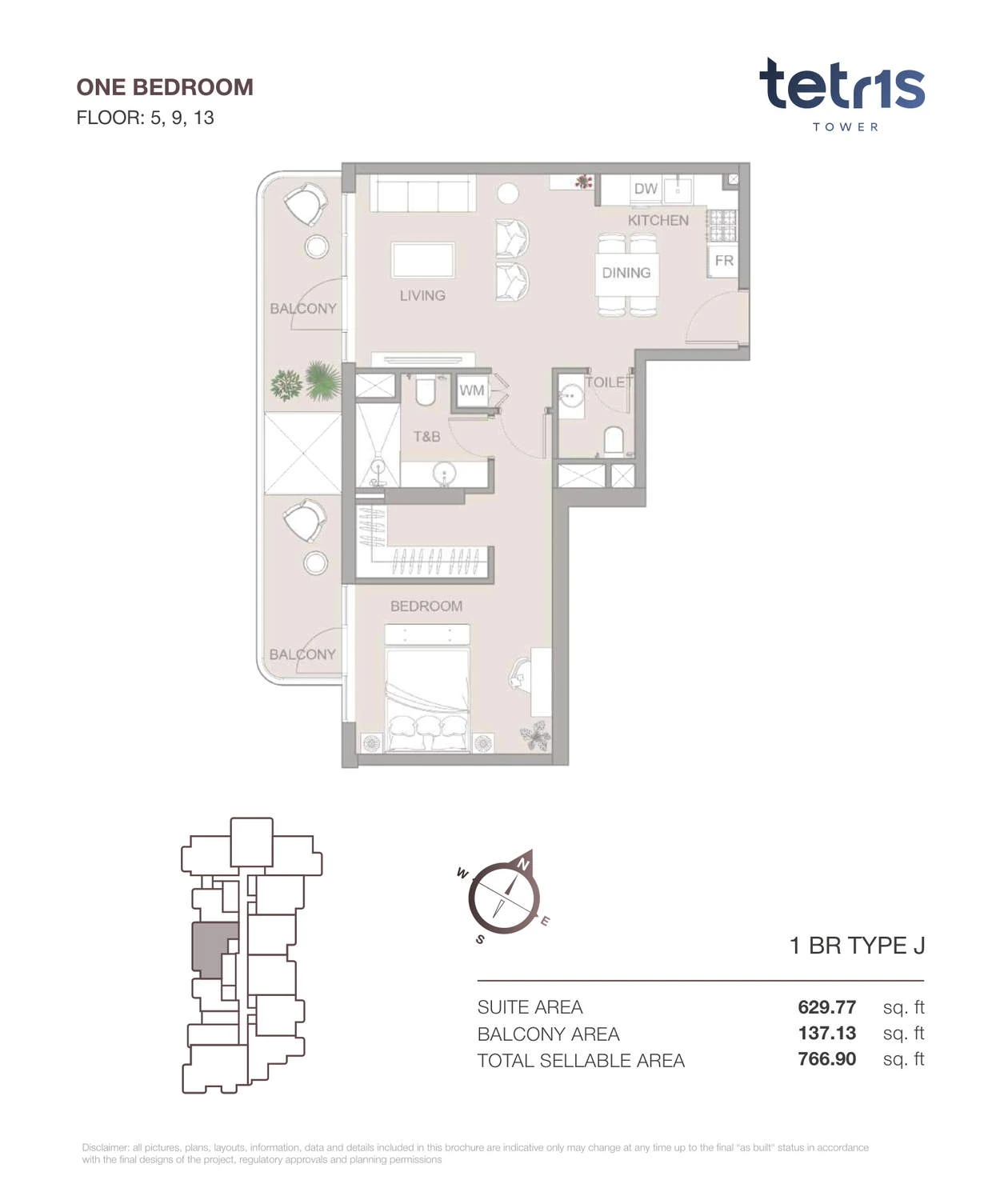 TETR1S Tower 1-bedroom Type J apartment floor plan for Floors 5, 9 and 13, 766.90 sq ft.