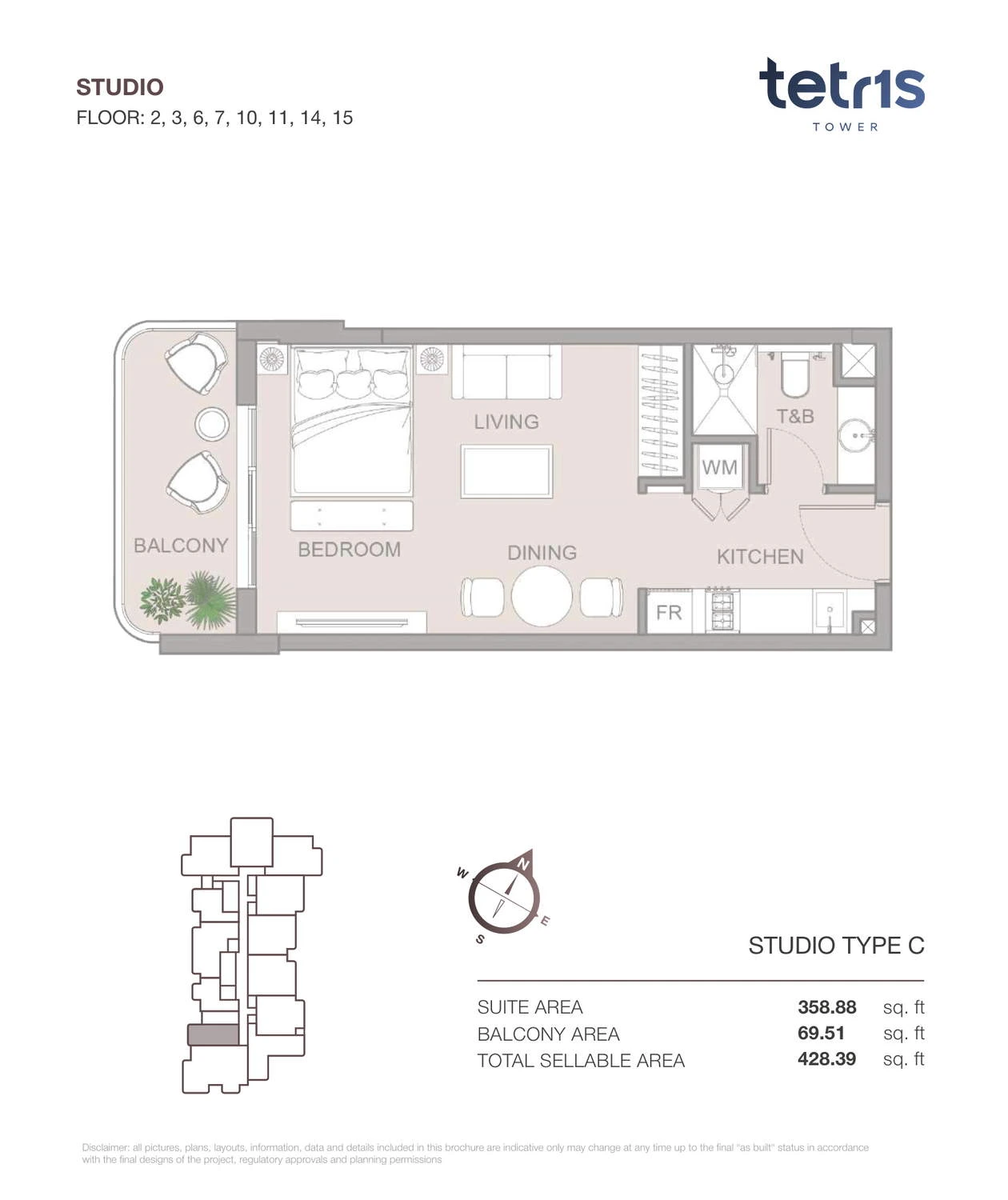 TETR1S Tower Studio Type C apartment floor plan for Floors 2, 3, 6, 7, 10, 11, 14 and 15, 428.39 sq ft.