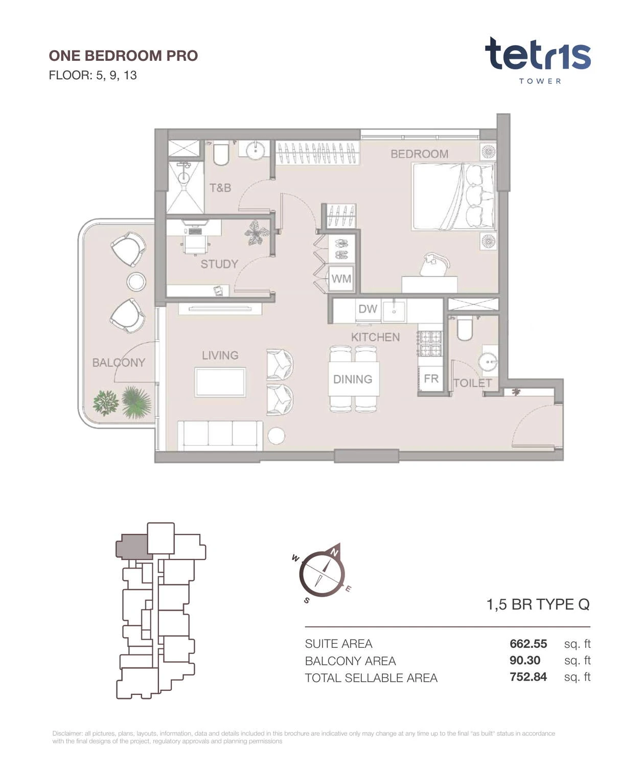 TETR1S Tower 1-bedroom Type Q Pro apartment floor plan for Floors 5, 9 and 13, 752.84 sq ft.