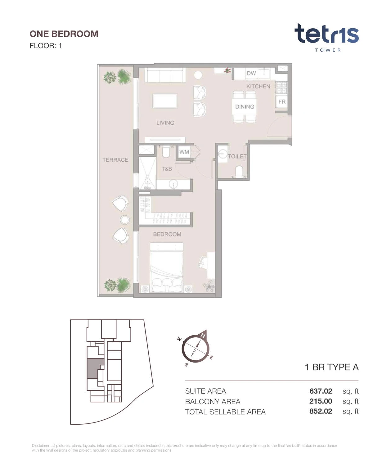 TETR1S Tower 1-bedroom Type A apartment floor plan for Floor 1, 852.02 sq ft.