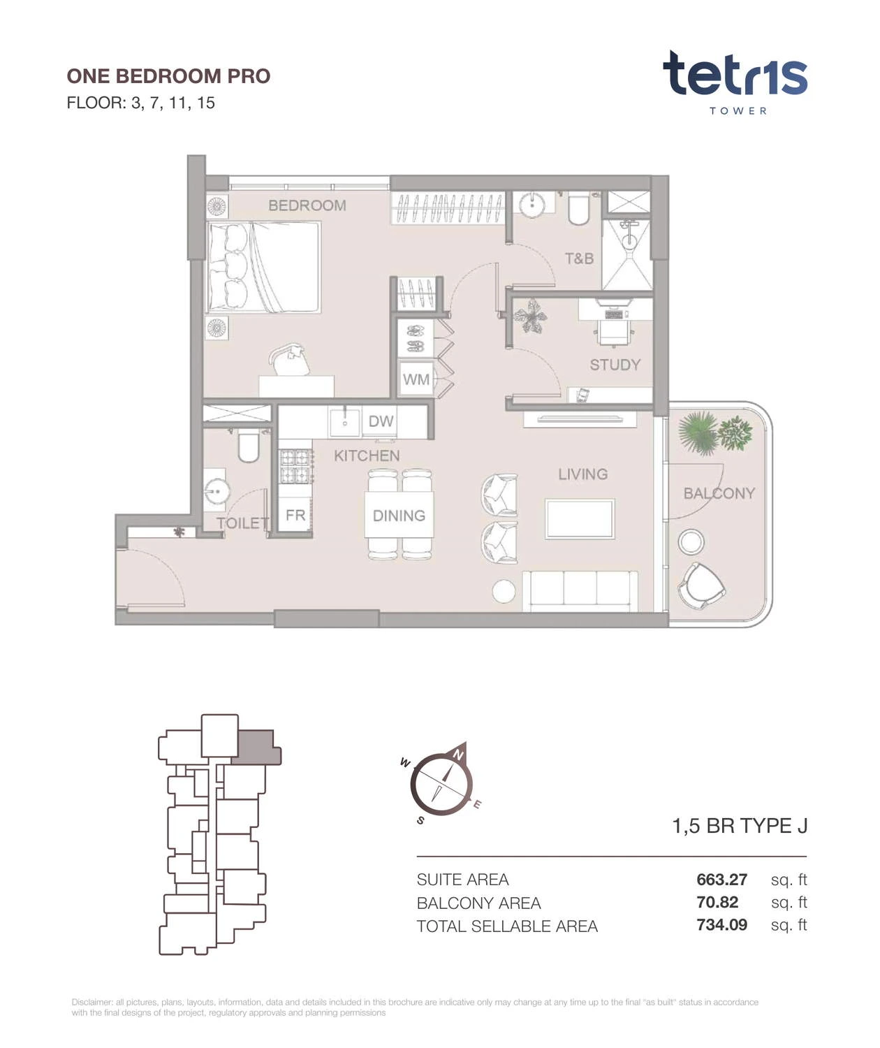 TETR1S Tower 1-bedroom Type J Pro apartment floor plan for Floors 3, 7, 11 and 15, 734.09 sq ft.