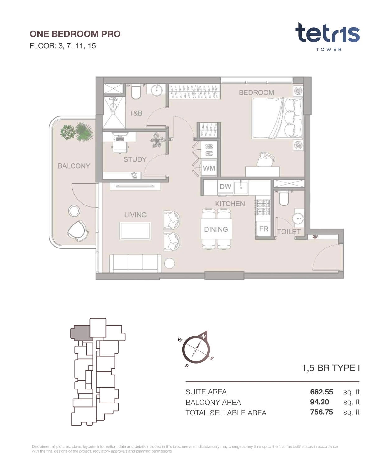 TETR1S Tower 1-bedroom Type I Pro apartment floor plan for Floors 3, 7, 11 and 15, 756.75 sq ft.