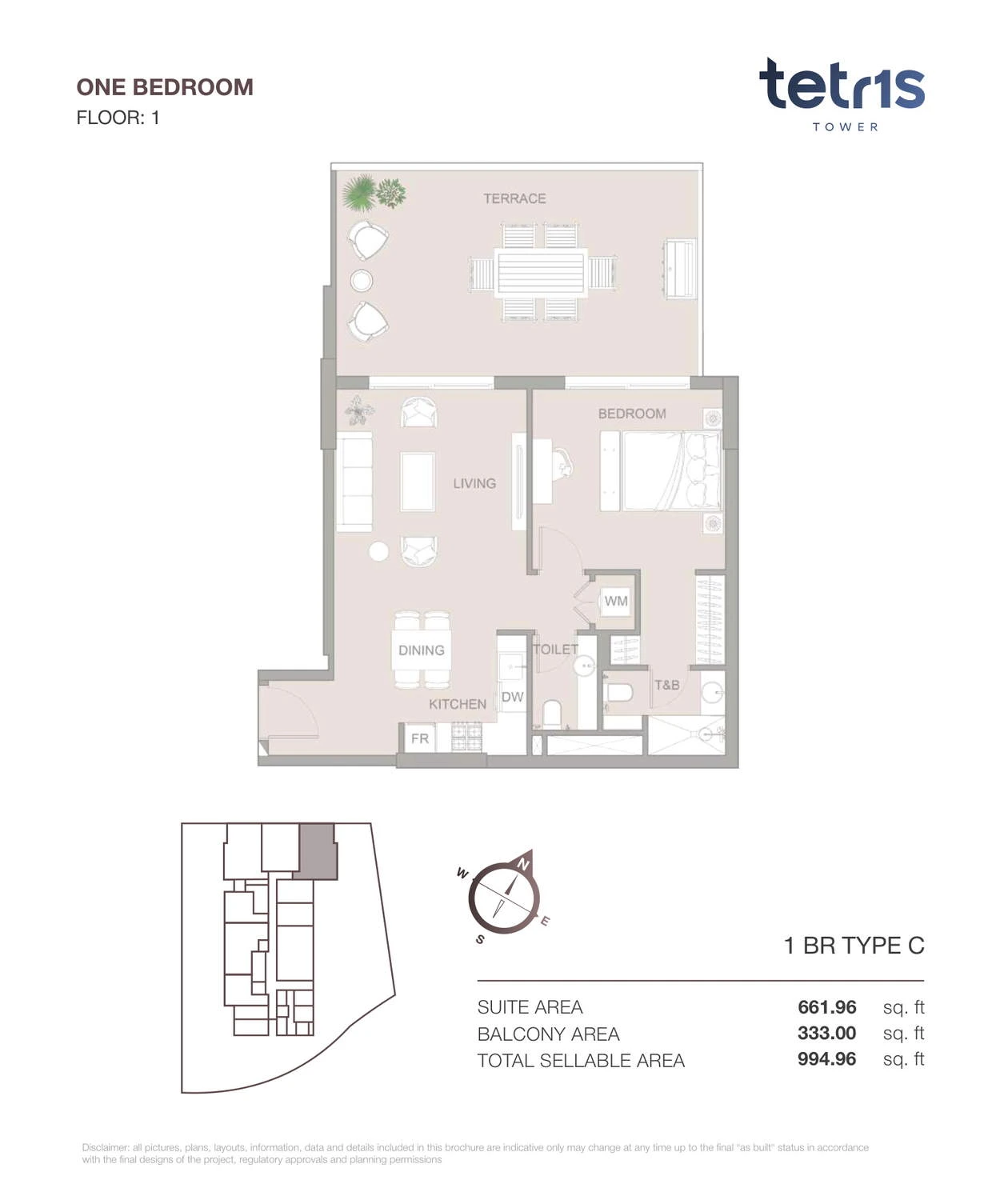 TETR1S Tower 1-bedroom Type C apartment floor plan for Floor 1, 994.96 sq ft.