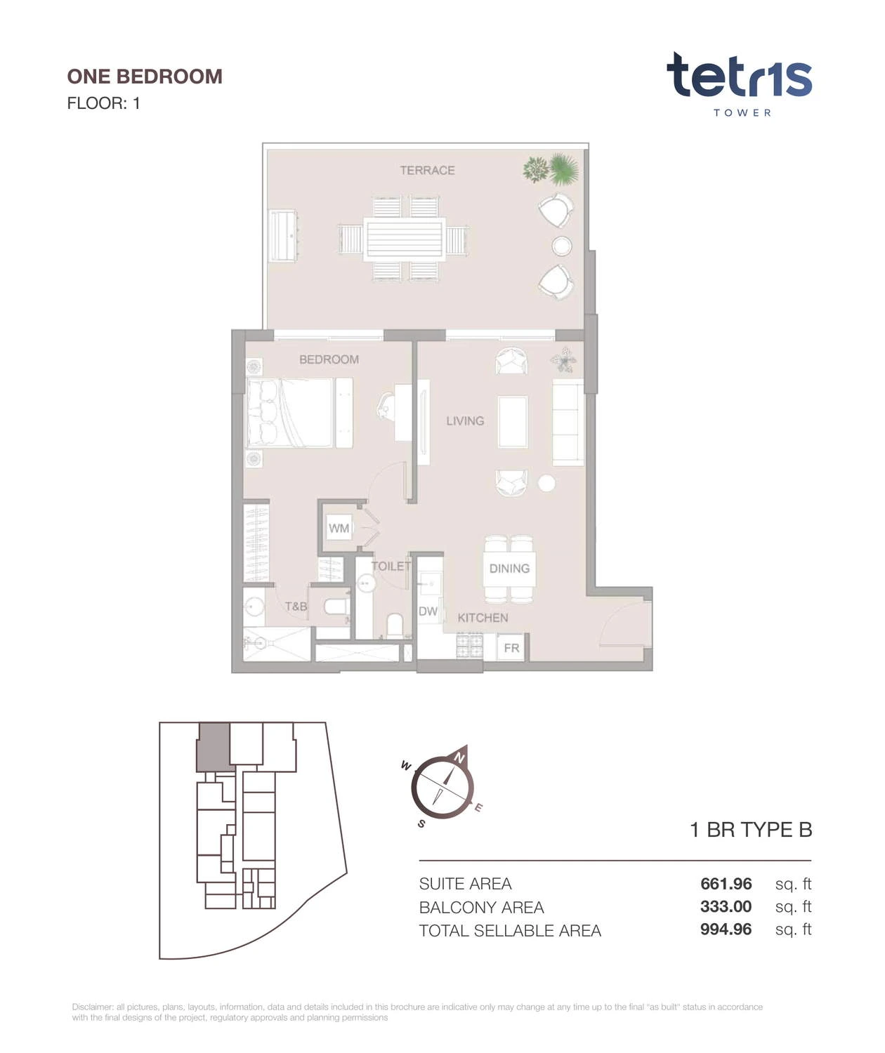 TETR1S Tower 1-bedroom Type B apartment floor plan for Floor 1, 994.96 sq ft.