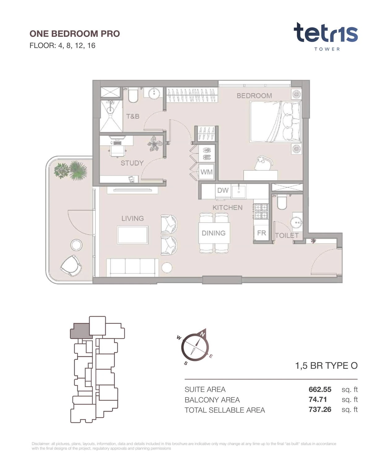 TETR1S Tower 1-bedroom Type O Pro apartment floor plan for Floors 4, 8, 12 and 16, 737.26 sq ft.
