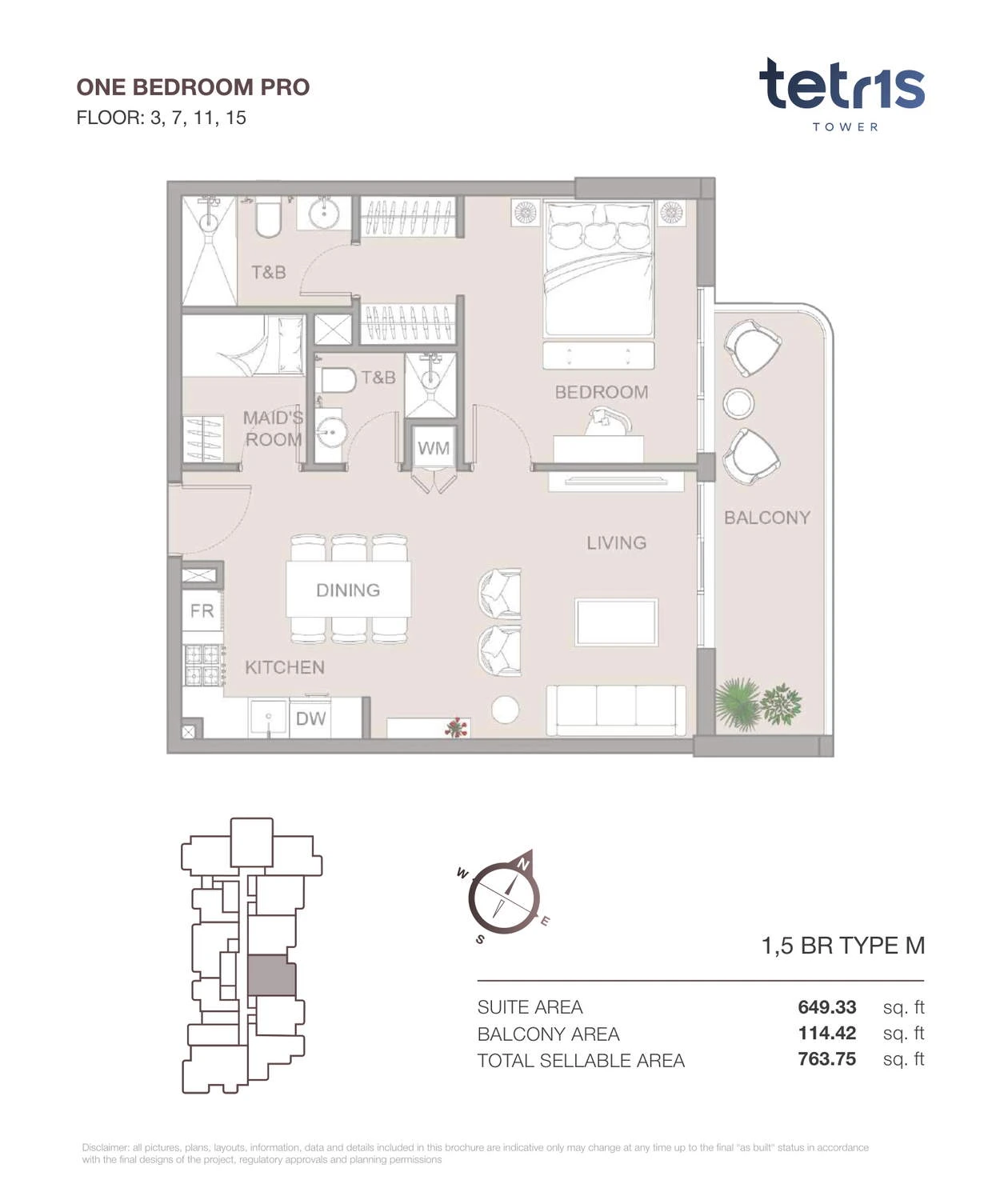 TETR1S Tower 1-bedroom Type M Pro apartment floor plan for Floors 3, 7, 11 and 15, 763.75 sq ft.