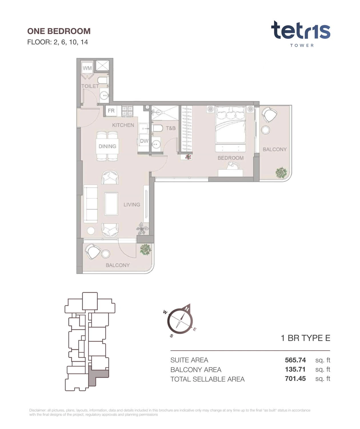 TETR1S Tower 1-bedroom Type E apartment floor plan for Floors 2, 6, 10 and 14, 701.45 sq ft.