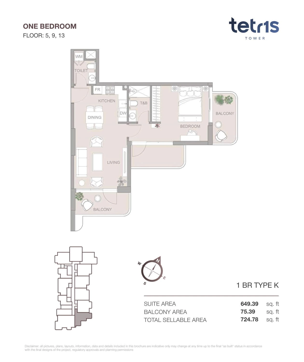 TETR1S Tower 1-bedroom Type K apartment floor plan for Floors 5, 9 and 13, 724.78 sq ft.