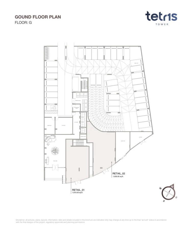 TETR1S Tower ground-floor site and parking plan showing the main lobby, services and two retail spaces.