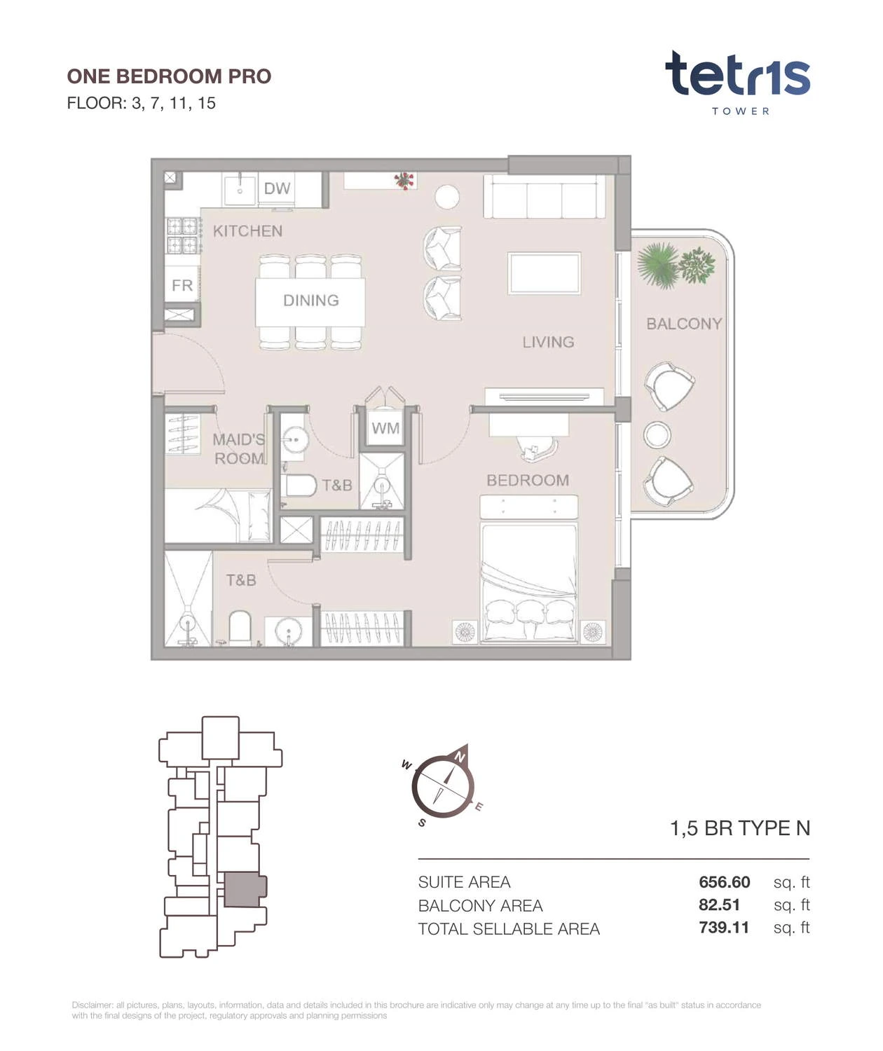 TETR1S Tower 1-bedroom Type N Pro apartment floor plan for Floors 3, 7, 11 and 15, 739.11 sq ft.