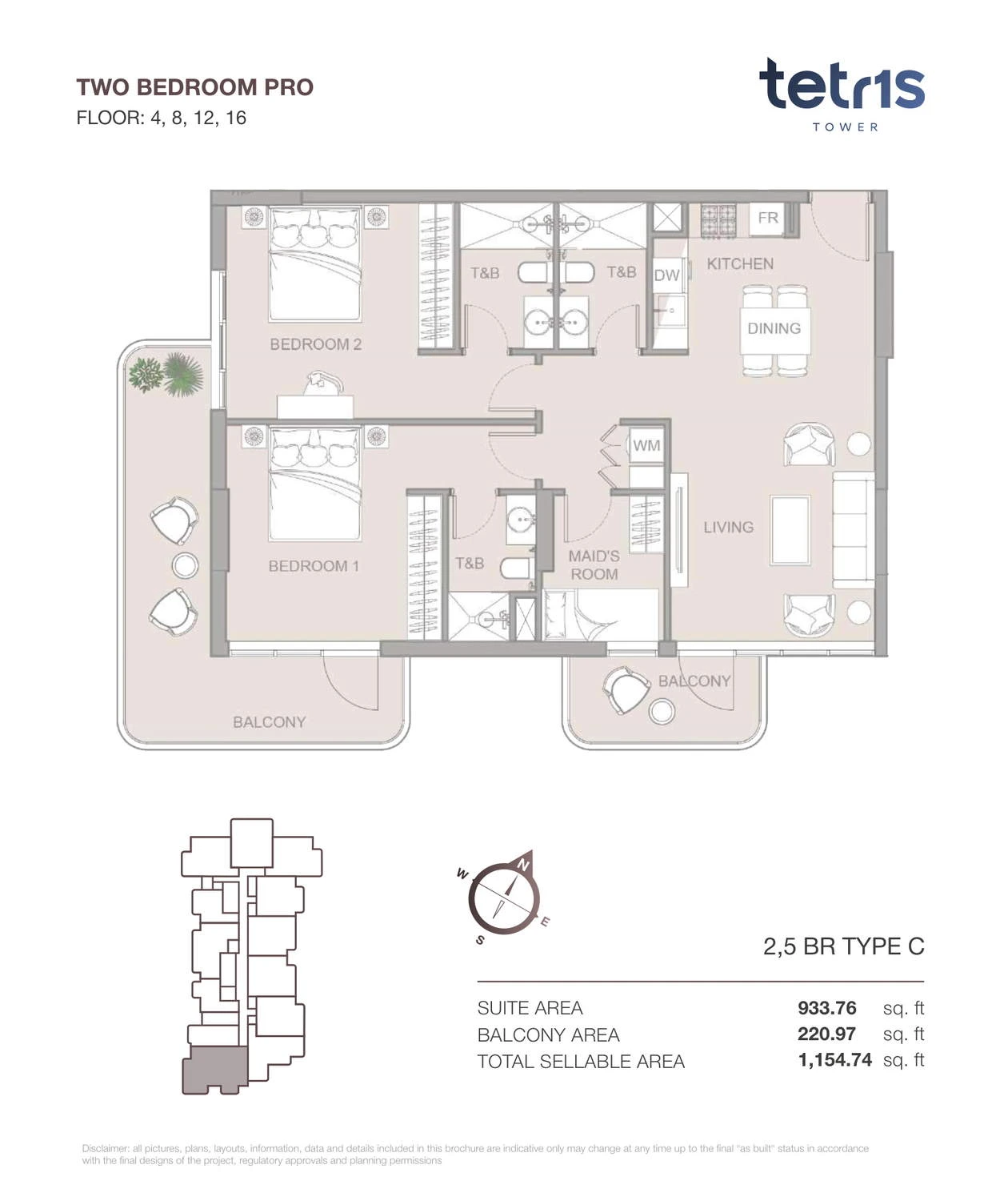 TETR1S Tower 2-bedroom Type C Pro apartment floor plan for Floors 4, 8, 12 and 16, 1,154.74 sq ft.