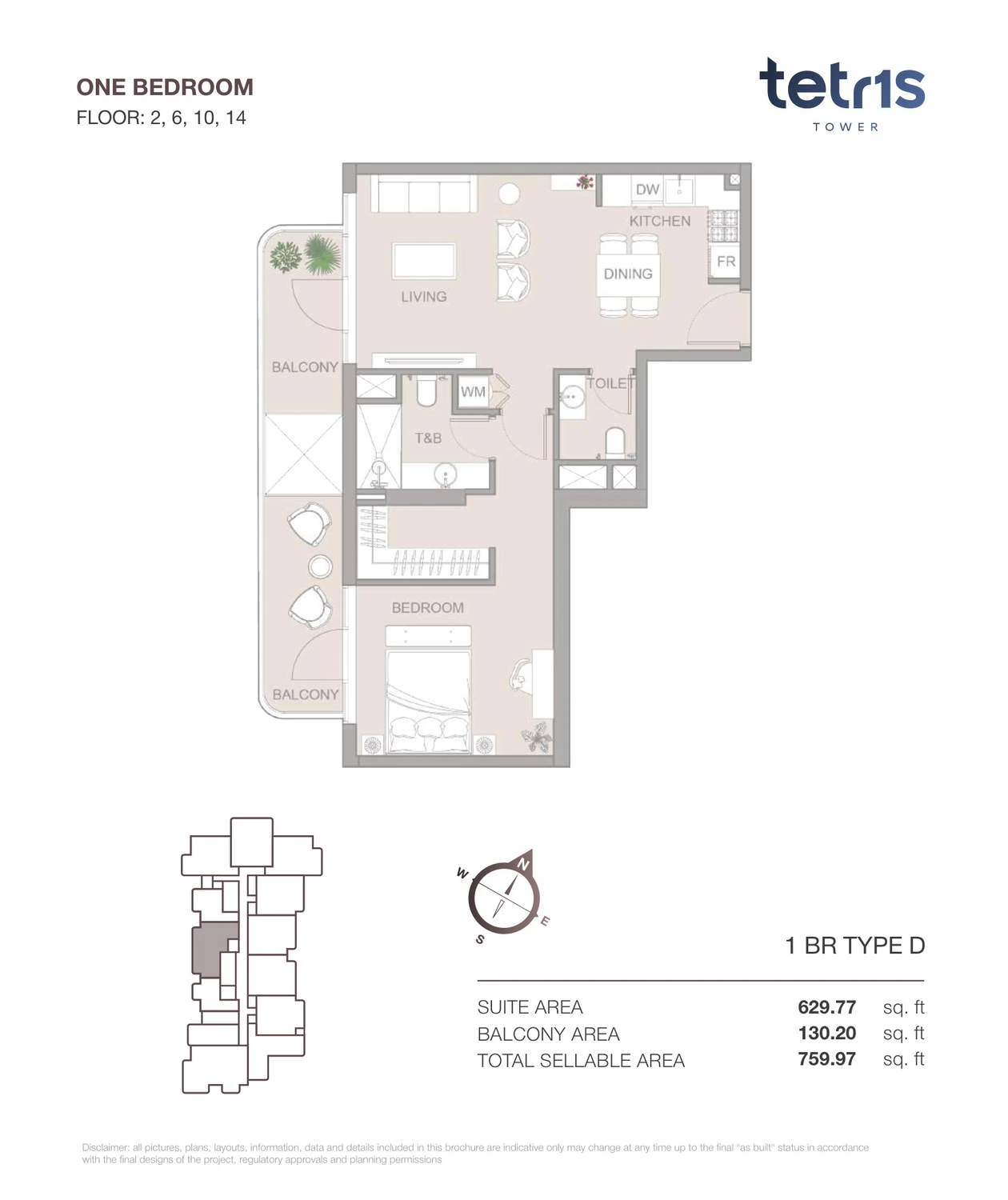 TETR1S Tower 1-bedroom Type D apartment floor plan for Floors 2, 6, 10 and 14, 759.97 sq ft.