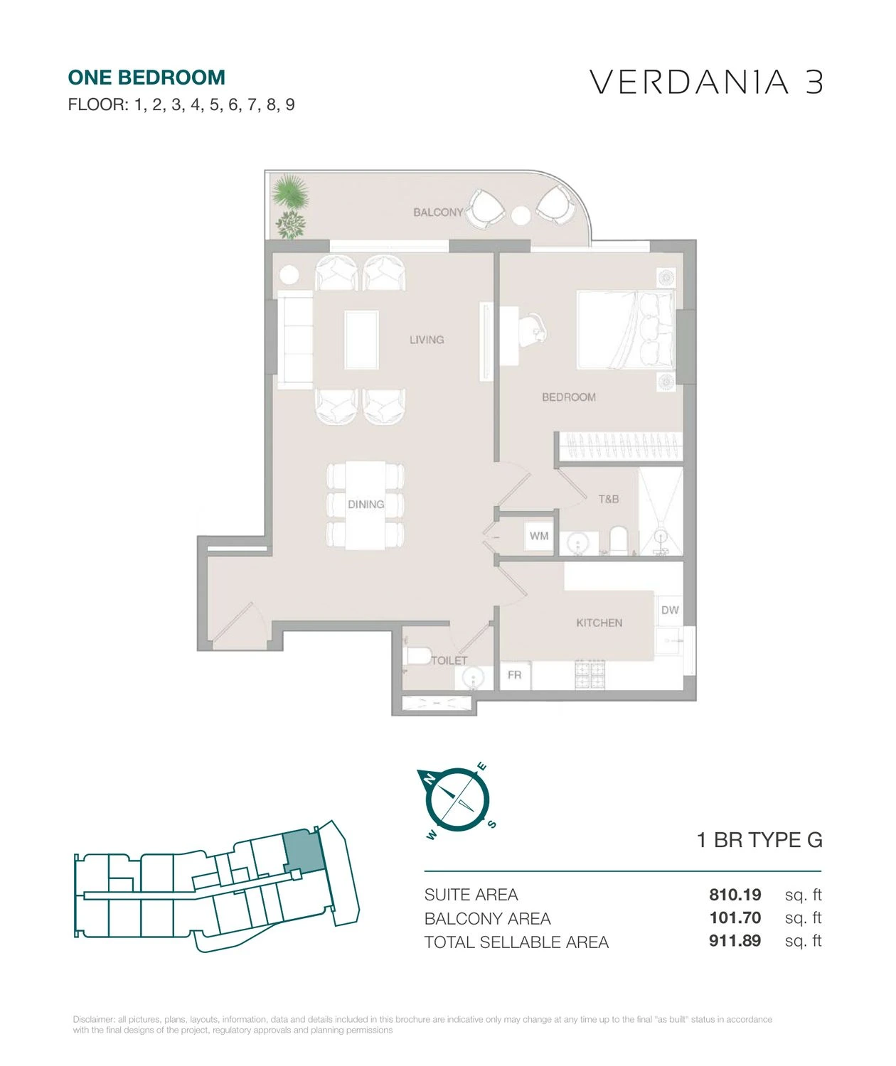VERDAN1A 3 One Bedroom Type G apartment floor plan for Floors 1–9, 911.89 sq ft.