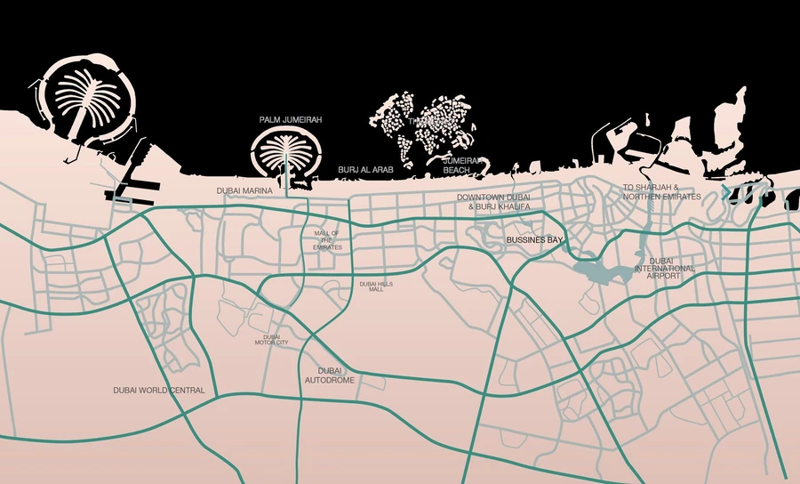 Location map for VERDAN1A 3 in Dubai Land Residence Complex showing its position near major roads and nearby destinations.