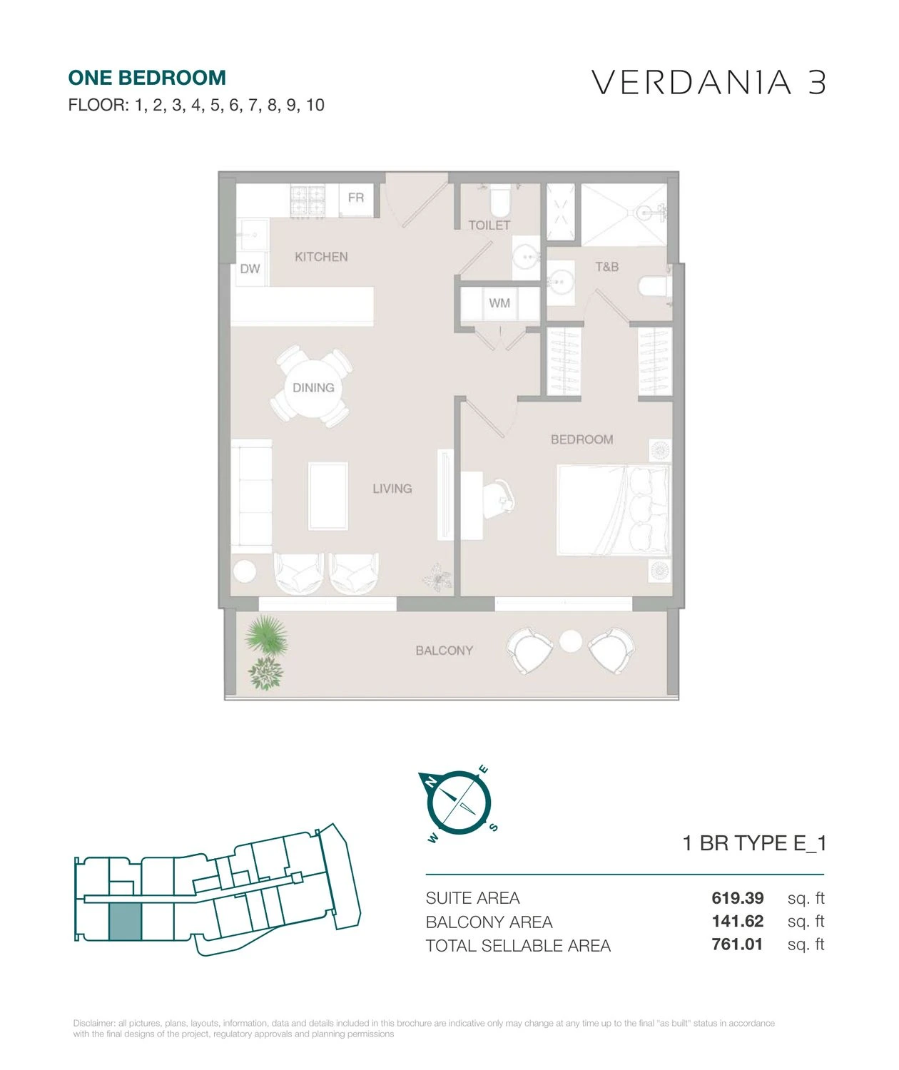 VERDAN1A 3 One Bedroom Type E1 apartment floor plan for Floors 1–10, 761.01 sq ft.