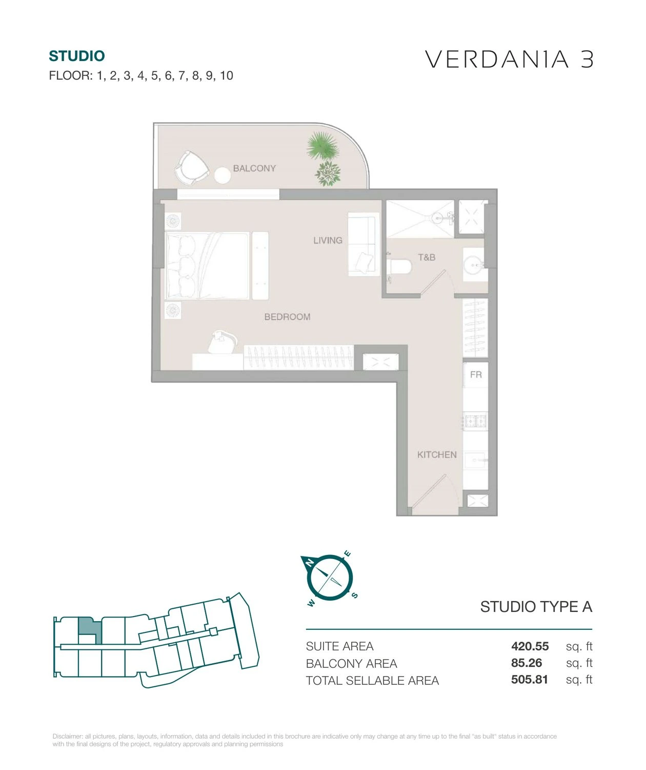 VERDAN1A 3 Studio Type A apartment floor plan for Floors 1–10, 505.81 sq ft.