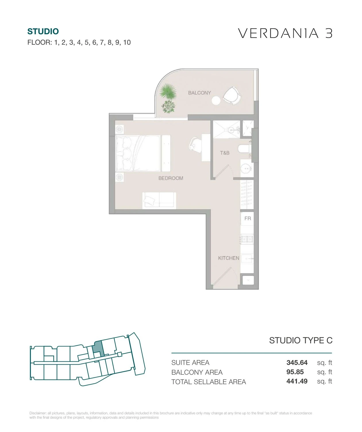 VERDAN1A 3 Studio Type C apartment floor plan for Floors 1–10, 441.49 sq ft.