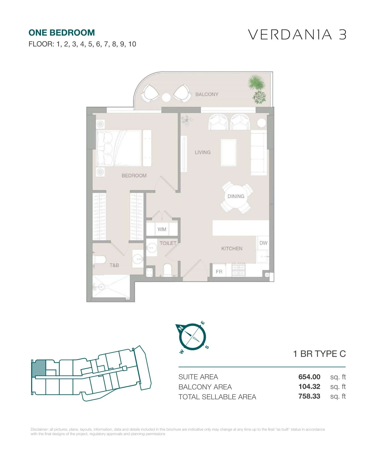 VERDAN1A 3 One Bedroom Type C apartment floor plan for Floors 1–10, 758.33 sq ft.