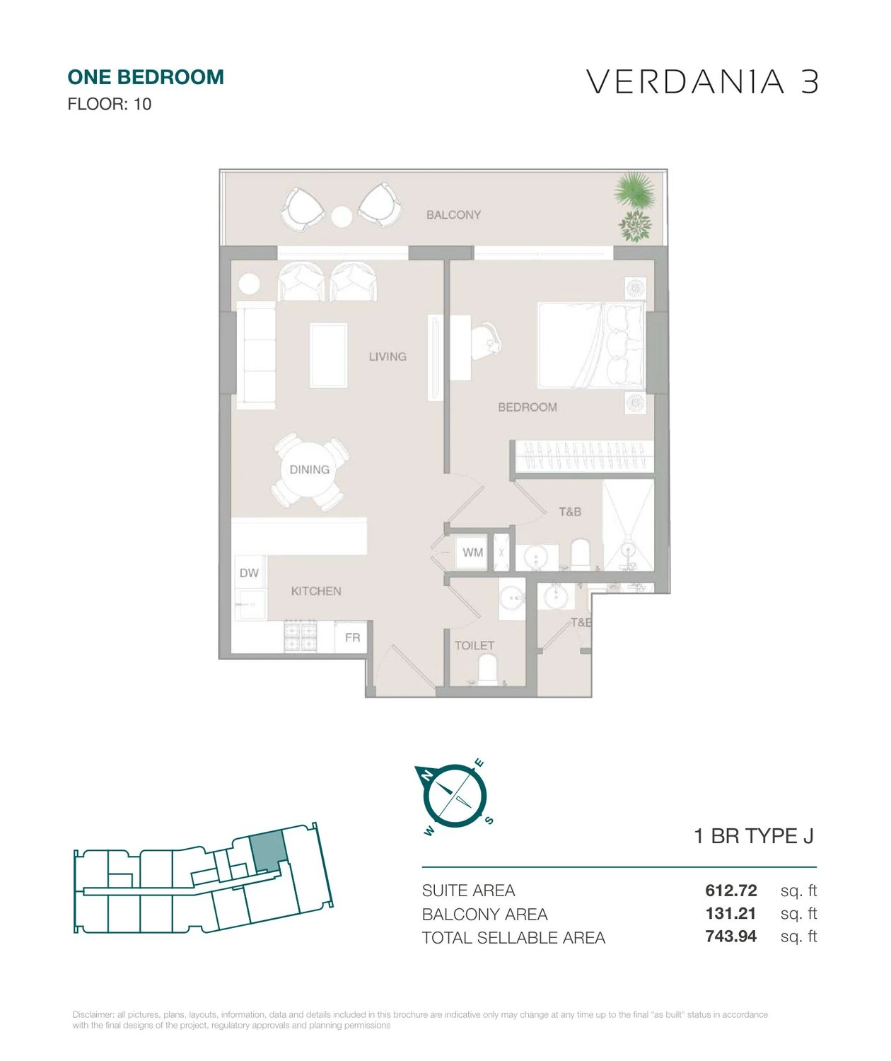 VERDAN1A 3 One Bedroom Type J apartment floor plan for Floor 10, 743.94 sq ft.