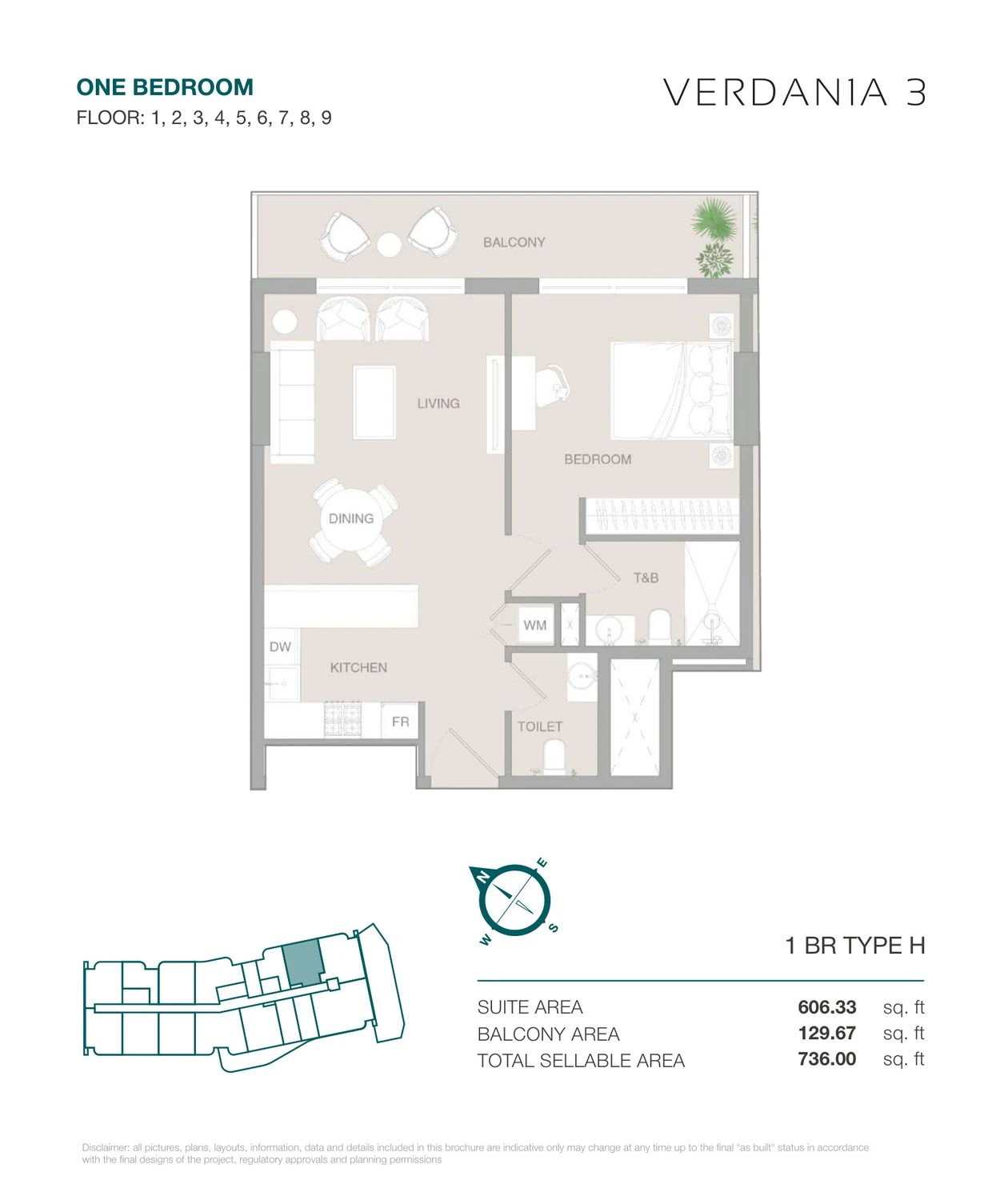 VERDAN1A 3 One Bedroom Type H apartment floor plan for Floors 1–9, 736.00 sq ft.