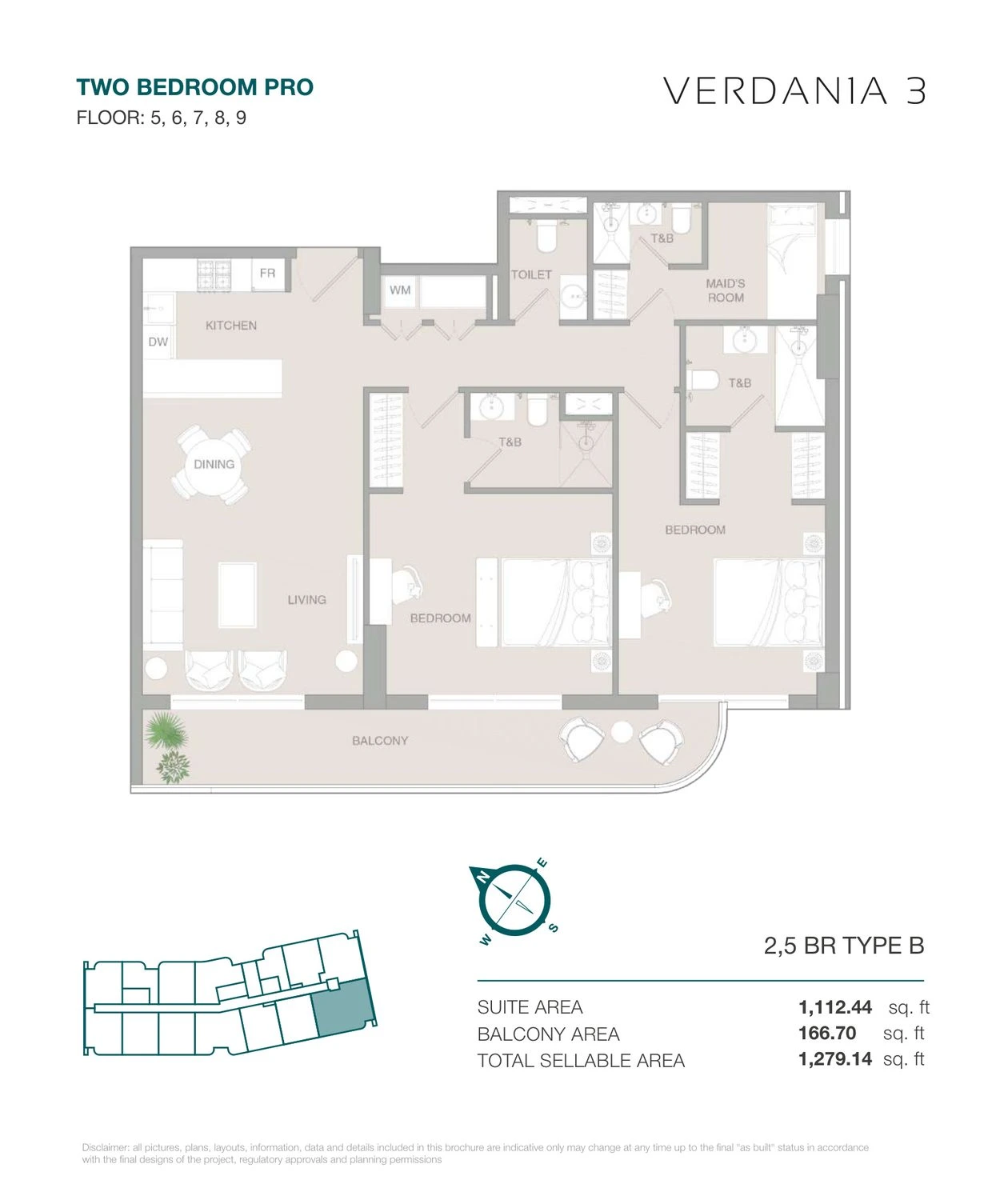 VERDAN1A 3 Two Bedroom Pro Type B Pro apartment floor plan for Floors 5–9, 1,279.14 sq ft.