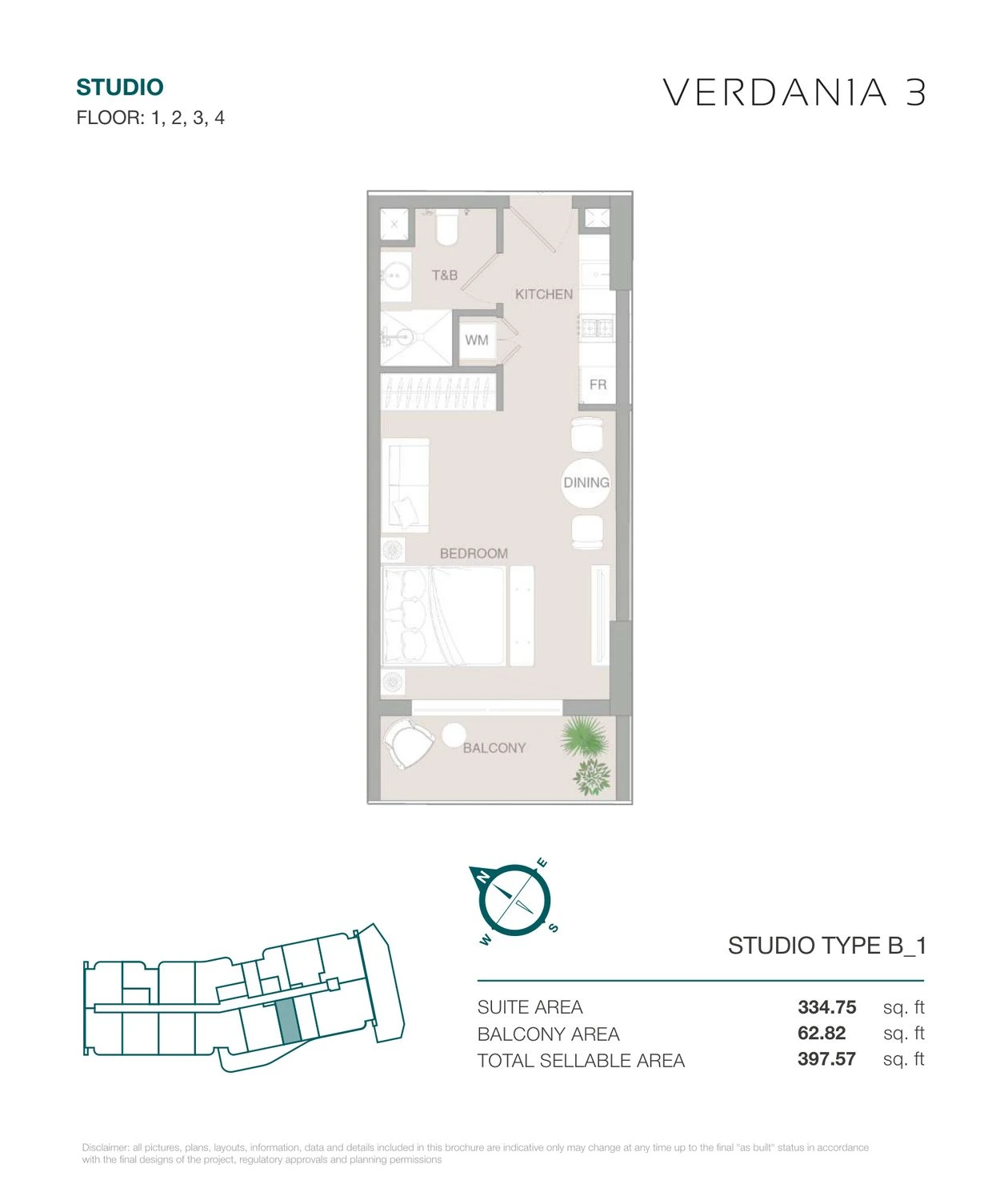 VERDAN1A 3 Studio Type B1 apartment floor plan for Floors 1–4, 397.57 sq ft.