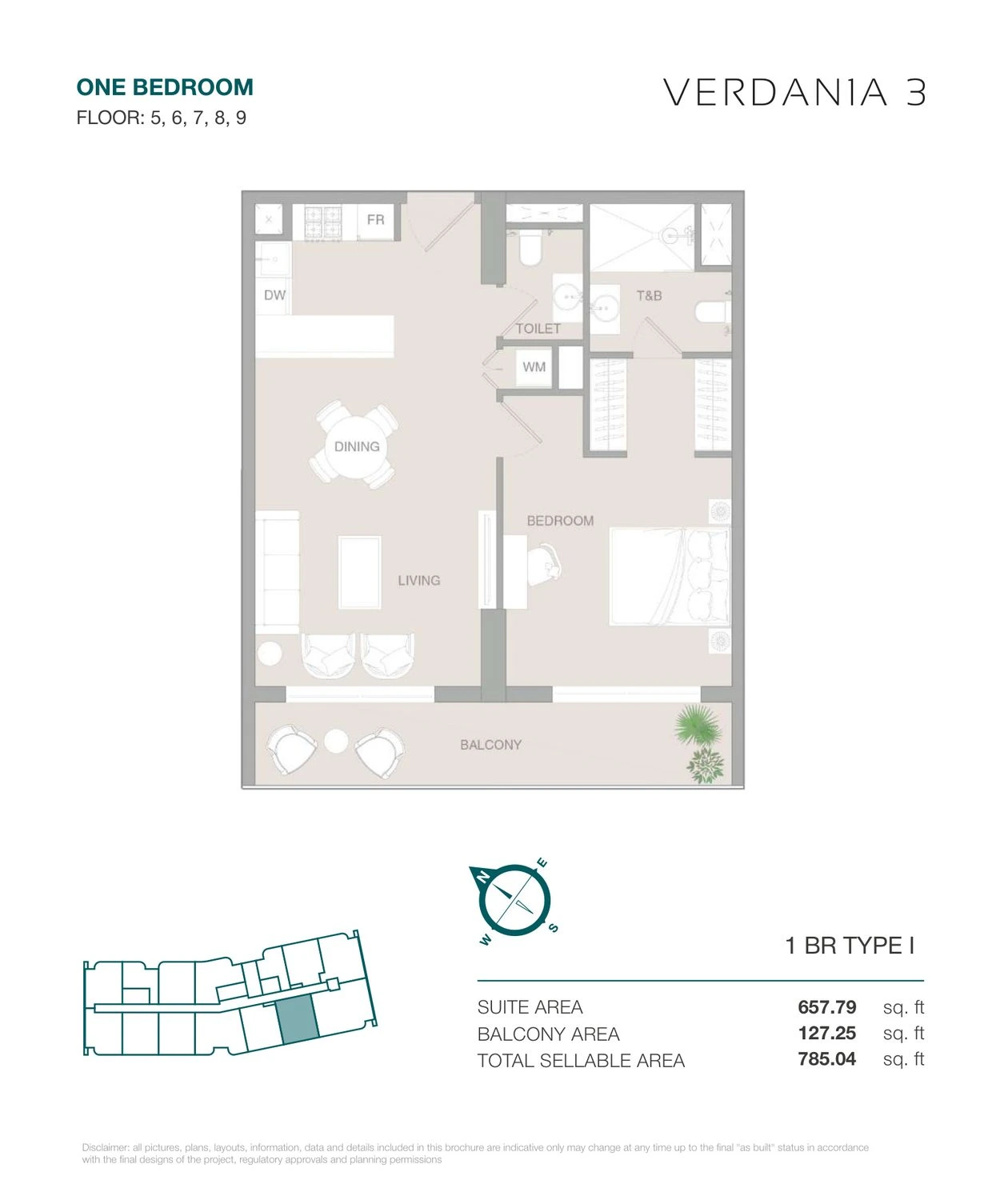 VERDAN1A 3 One Bedroom Type I apartment floor plan for Floors 5–9, 785.04 sq ft.