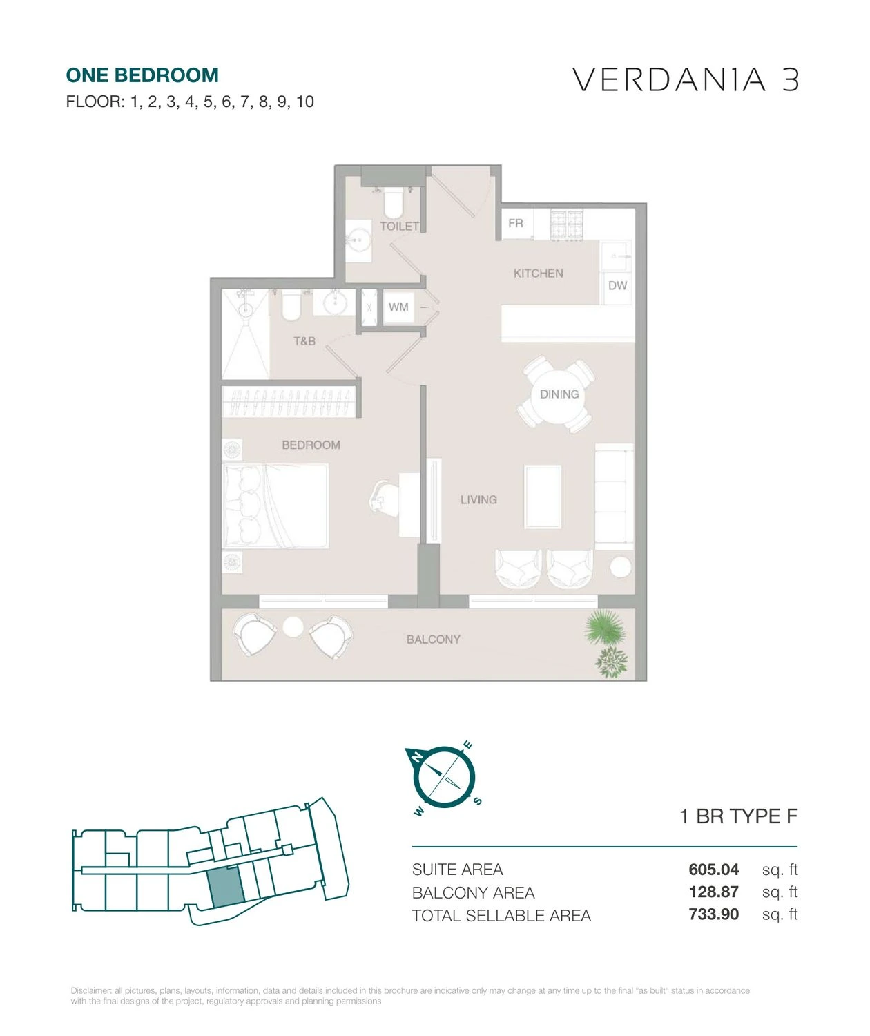 VERDAN1A 3 One Bedroom Type F apartment floor plan for Floors 1–10, 733.90 sq ft.