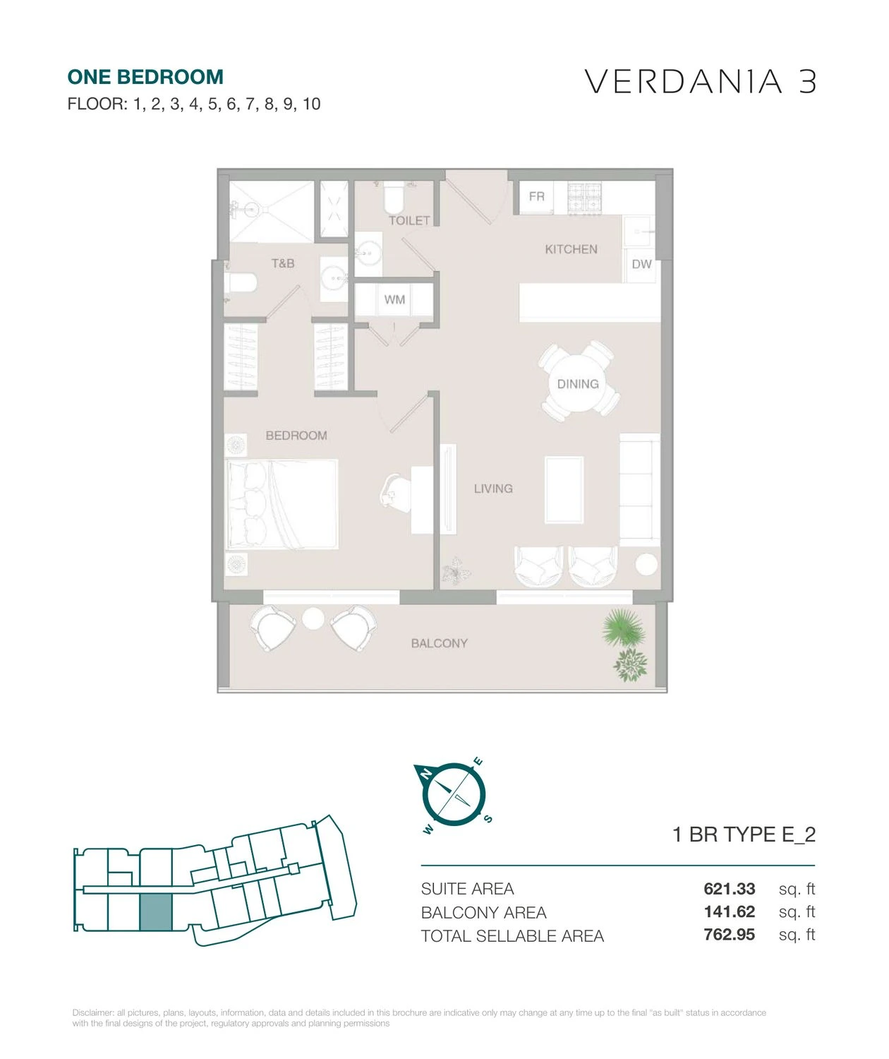VERDAN1A 3 One Bedroom Type E2 apartment floor plan for Floors 1–10, 762.95 sq ft.