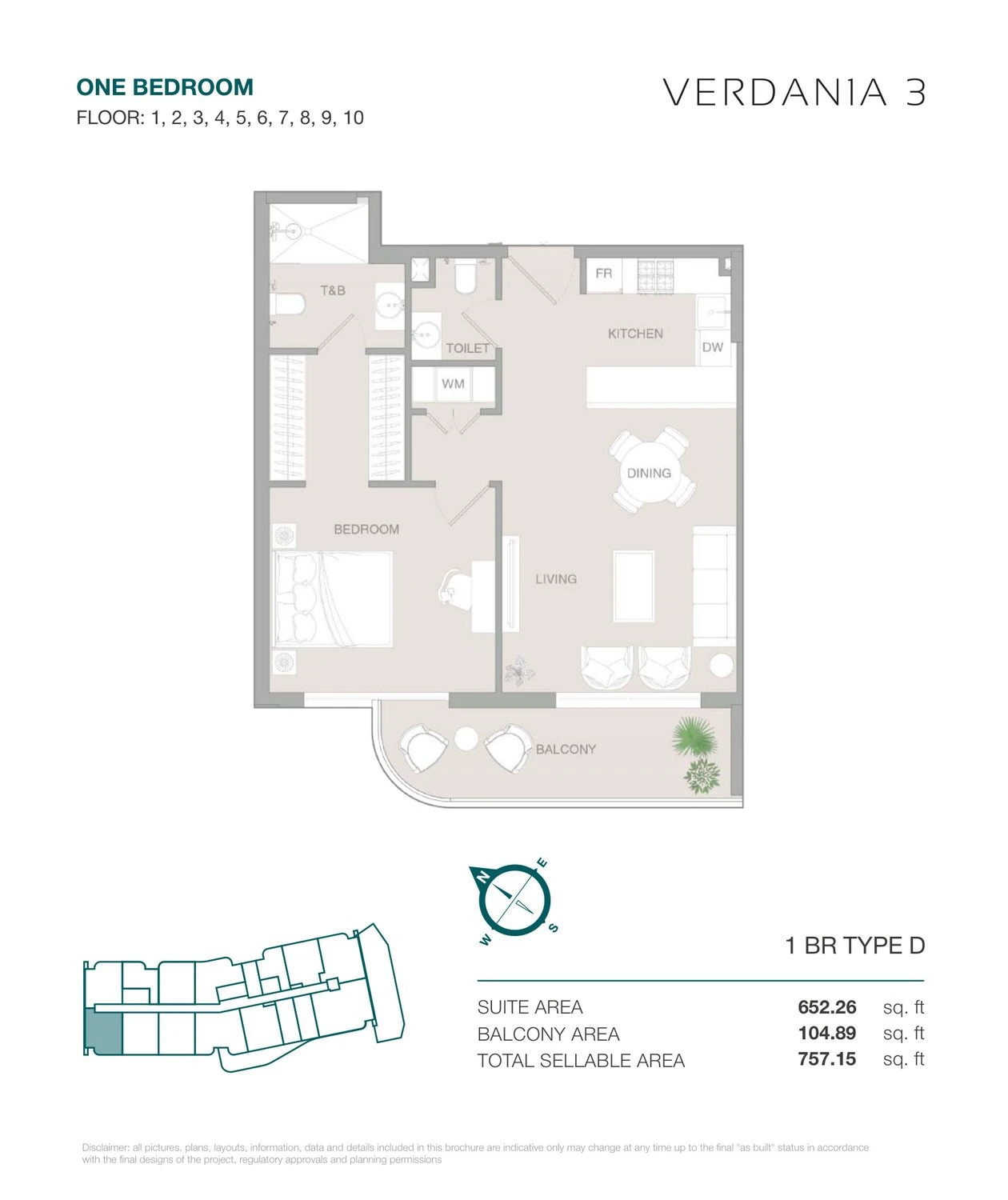 VERDAN1A 3 One Bedroom Type D apartment floor plan for Floors 1–10, 757.15 sq ft.