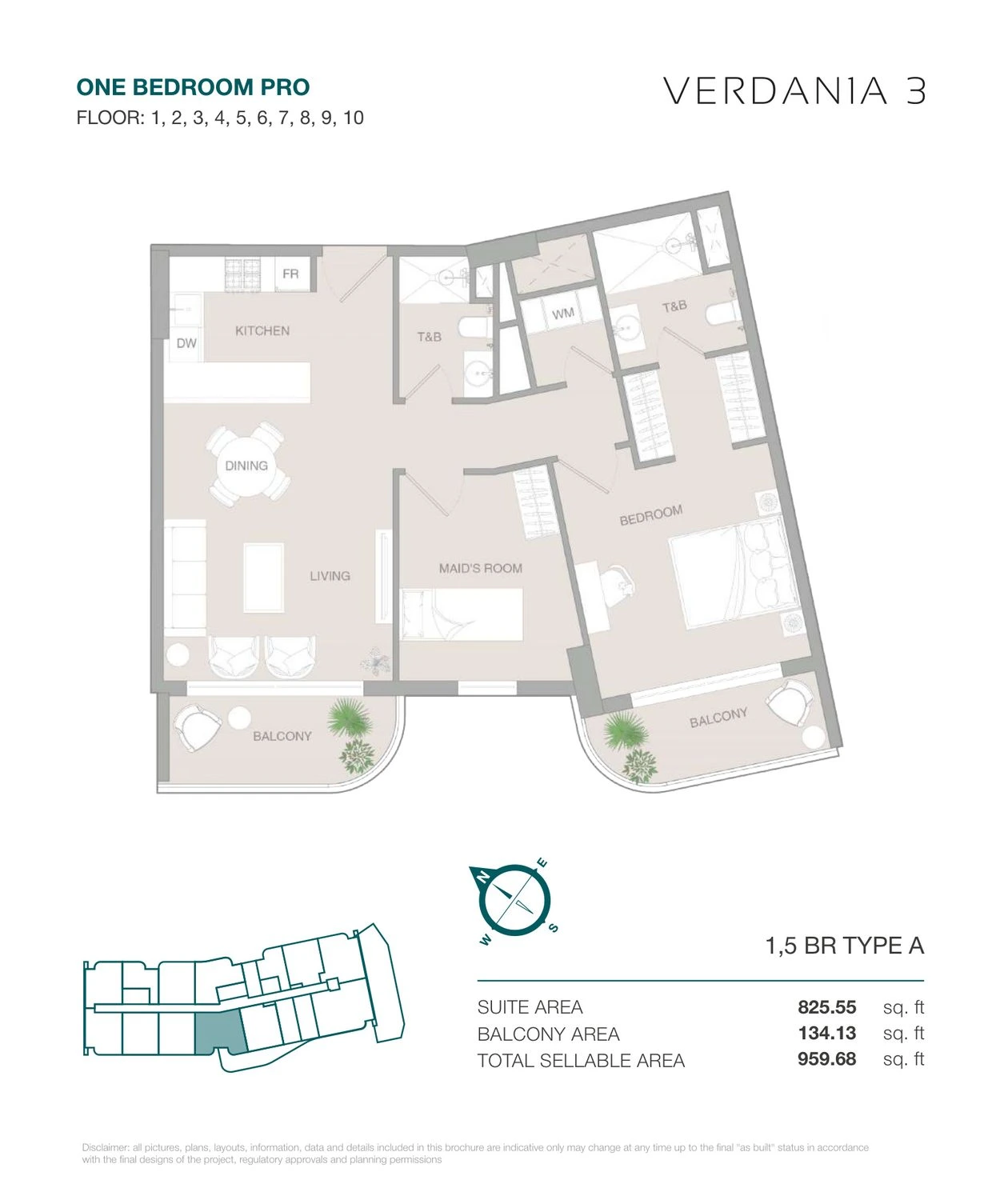 VERDAN1A 3 One Bedroom Pro Type A Pro apartment floor plan for Floors 1–10, 959.68 sq ft.
