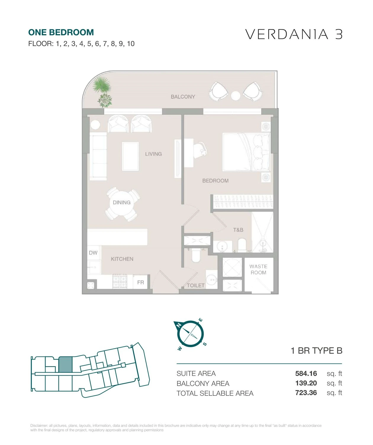 VERDAN1A 3 One Bedroom Type B apartment floor plan for Floors 1–10, 723.36 sq ft.