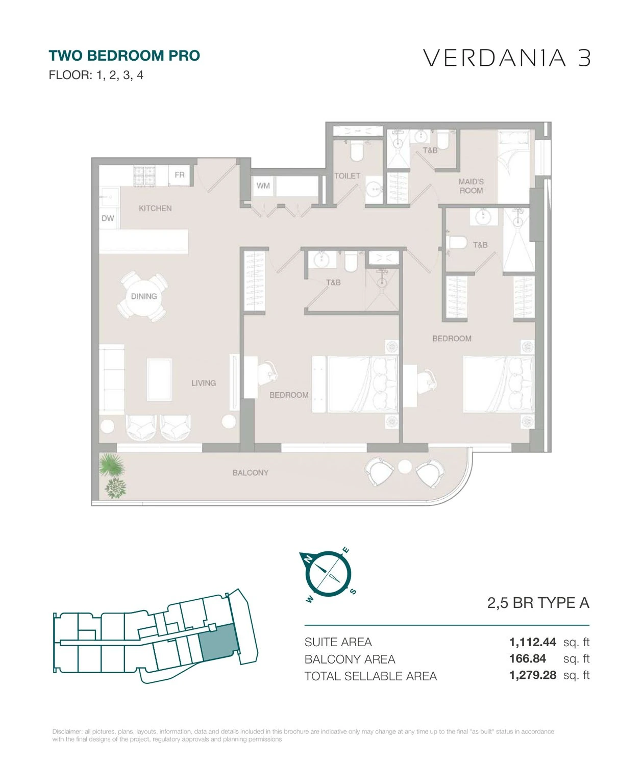 VERDAN1A 3 Two Bedroom Pro Type A Pro apartment floor plan for Floors 1–4, 1,279.28 sq ft.