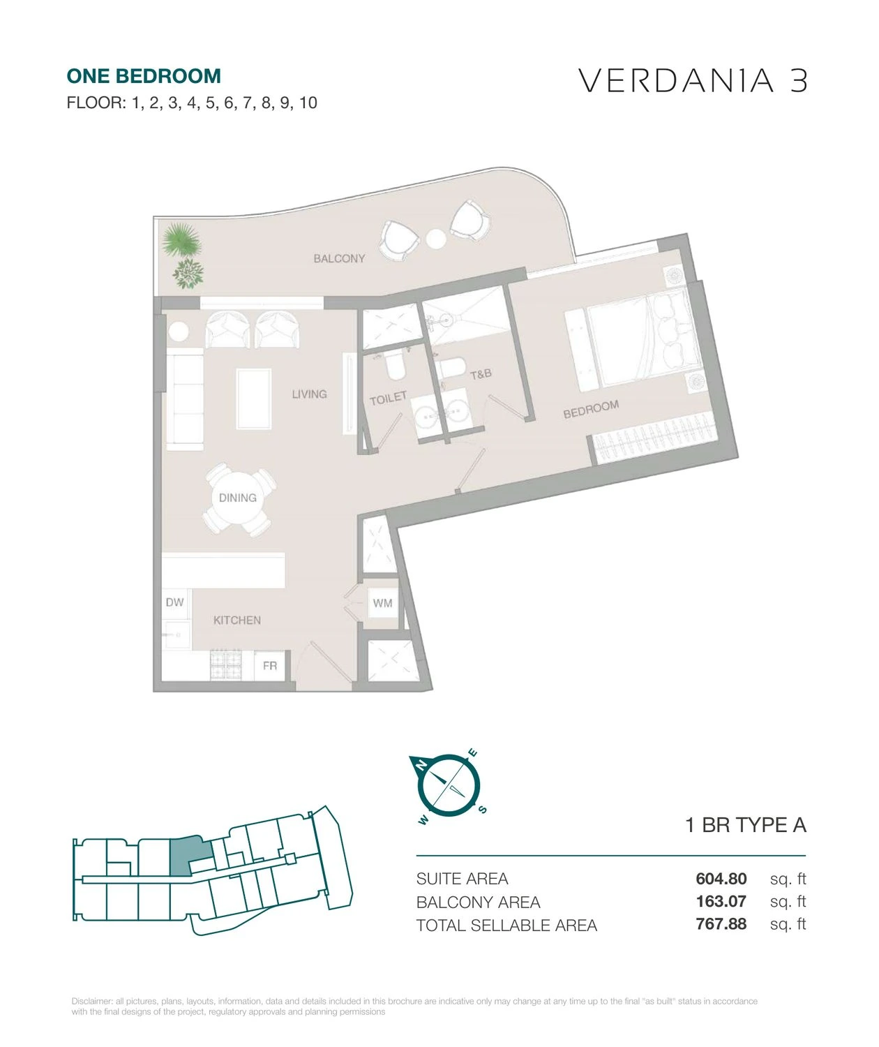 VERDAN1A 3 One Bedroom Type A apartment floor plan for Floors 1–10, 767.88 sq ft.