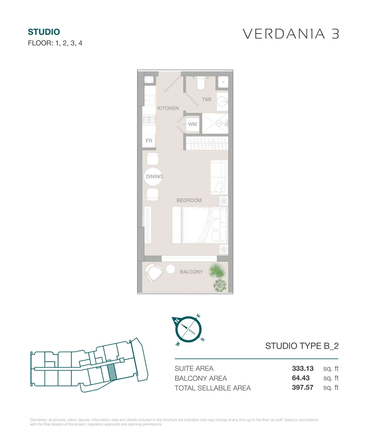 VERDAN1A 3 Studio Type B2 apartment floor plan for Floors 1–4, 397.57 sq ft.