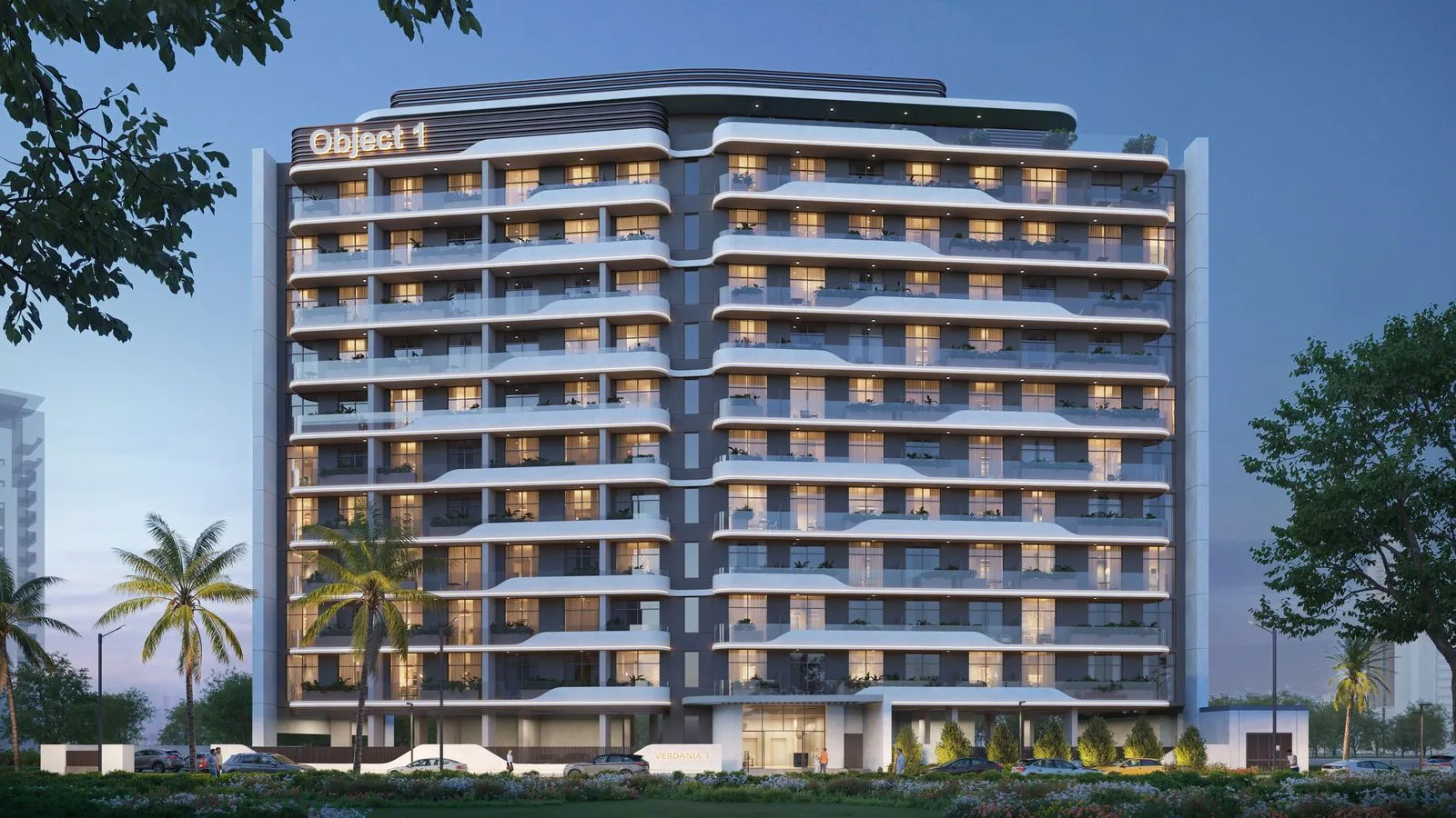Front elevation of VERDAN1A 3 with layered balconies and landscaped ground-level areas.