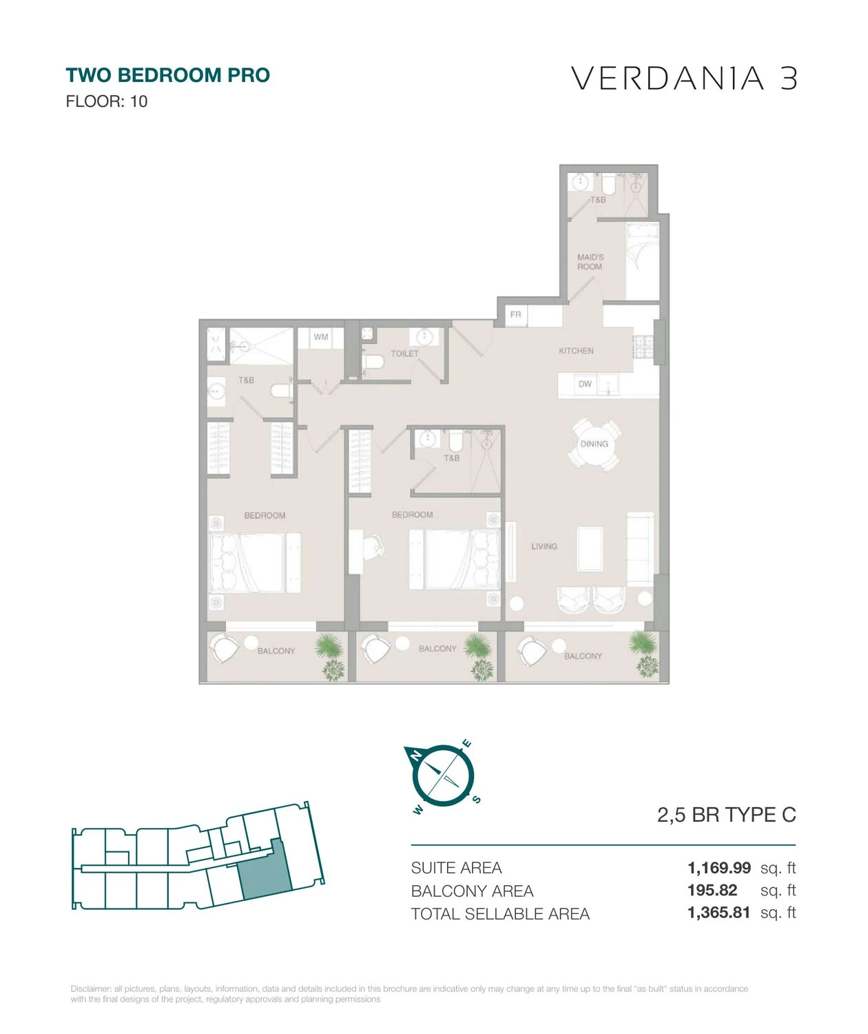 VERDAN1A 3 Two Bedroom Pro Type C Pro apartment floor plan for Floor 10, 1,365.81 sq ft.