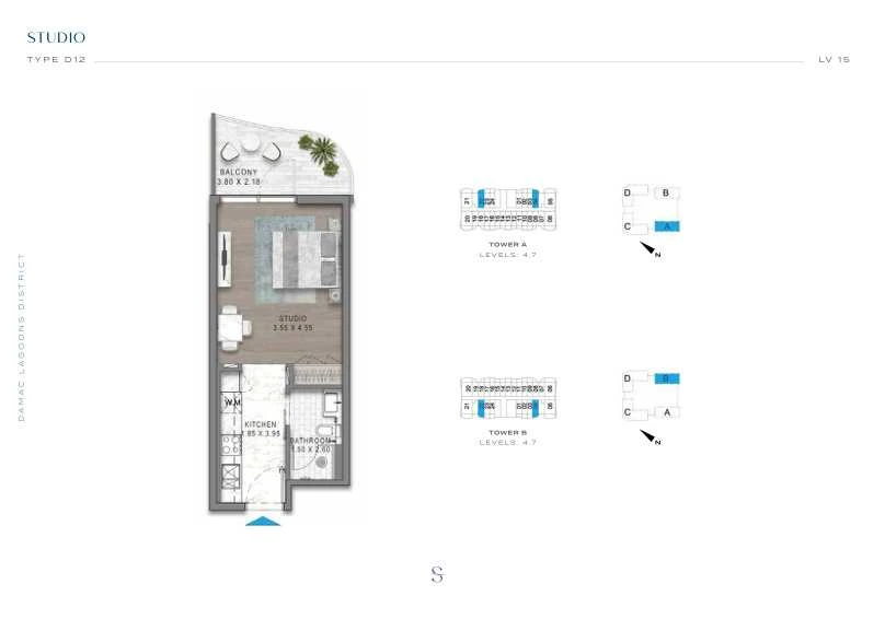 DAMAC Sorrento Studio Type D12 apartment floor plan in Tower A for floors 4 and 7.